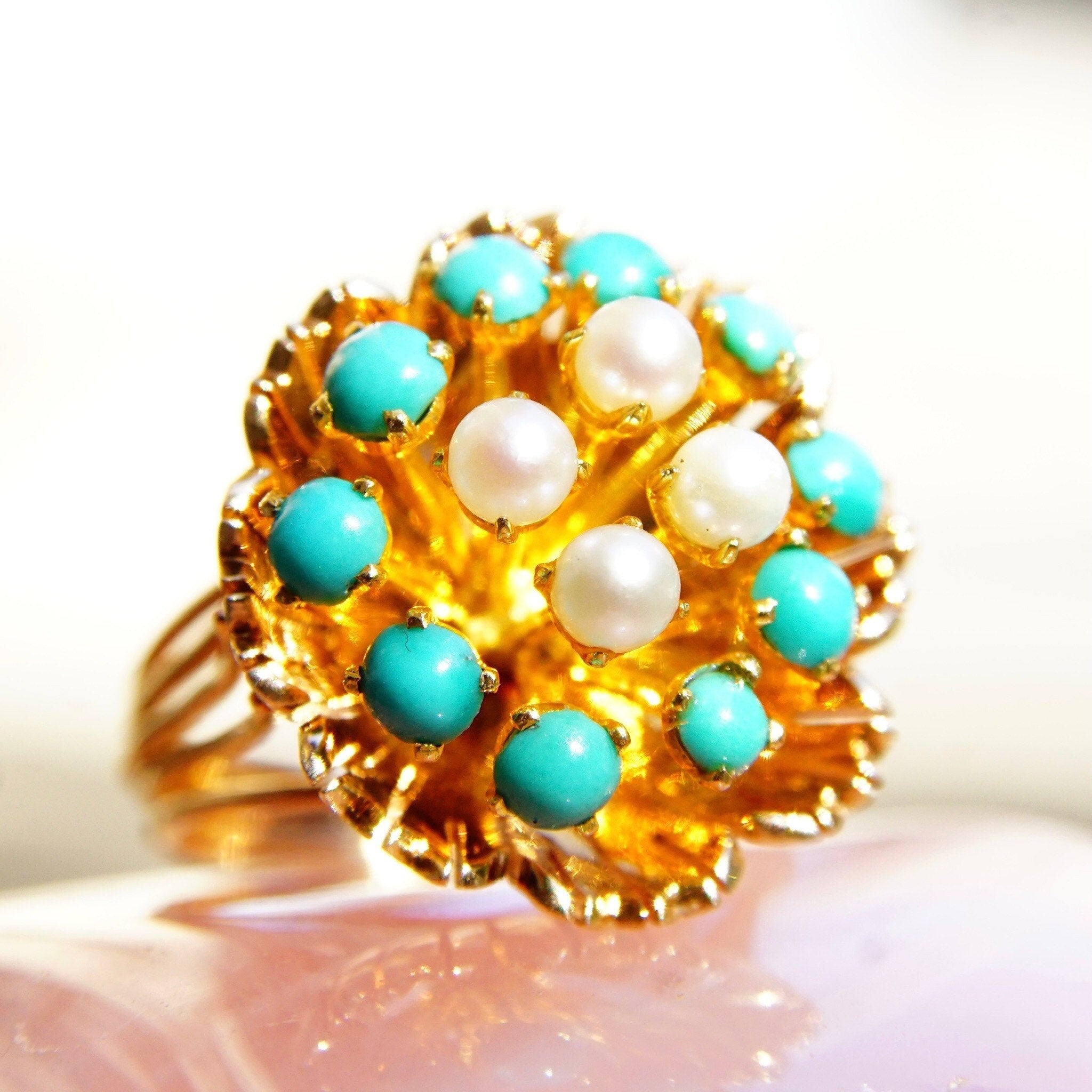14K Turquoise Seed Pearl Bombe Ring, Gemstone Flower Cluster Cocktail Ring, Size 6 3/4 US