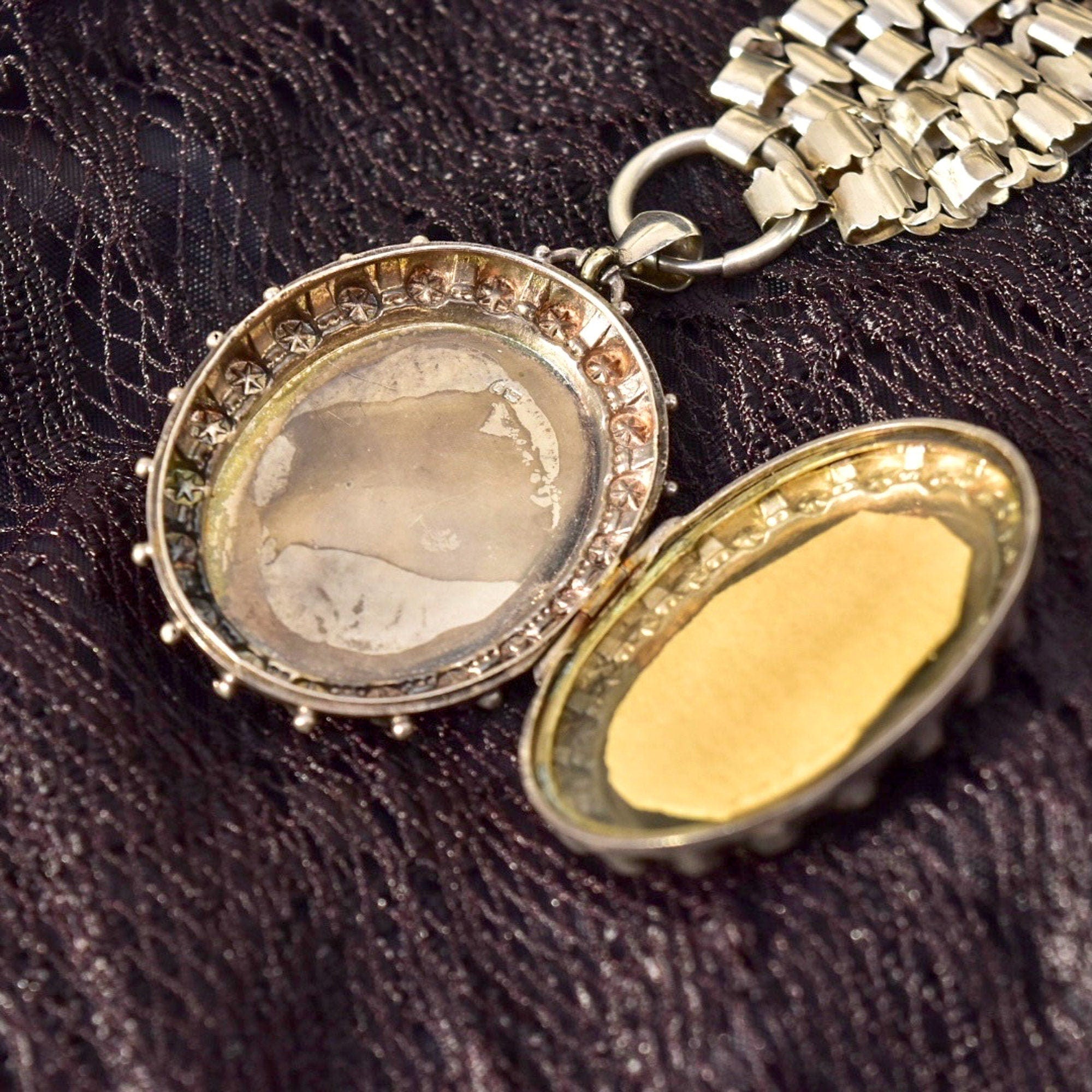 Victorian Sterling Silver Locket Book Chain Collar, Hand-Engraved, Floral Motifs, Birmingham Hallmark, 20" L - Good's Vintage