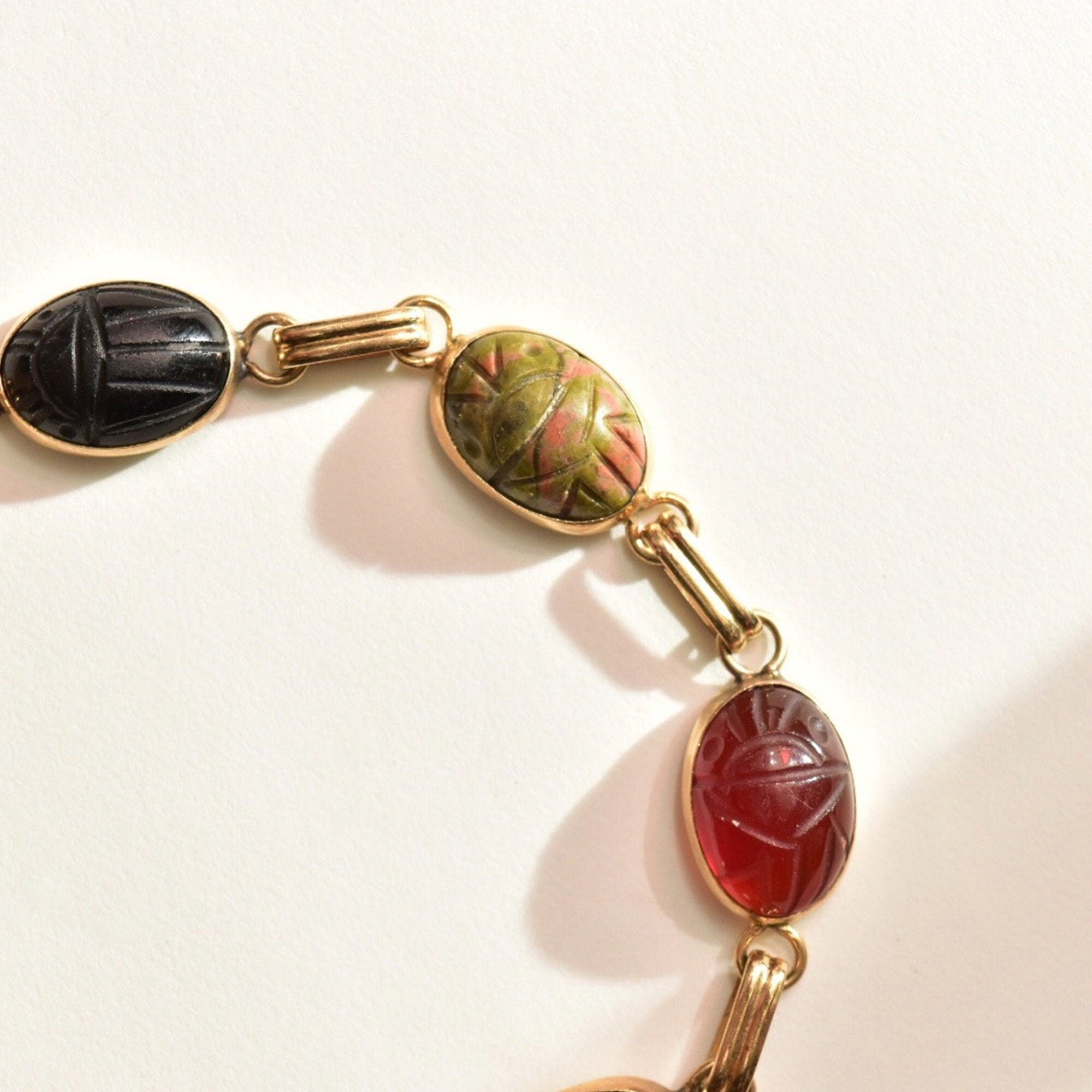 14K Scarab Bracelet with Carved Natural Gemstones