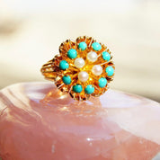 14K Turquoise Seed Pearl Bombe Ring, Gemstone Flower Cluster Cocktail Ring, Size 6 3/4 US