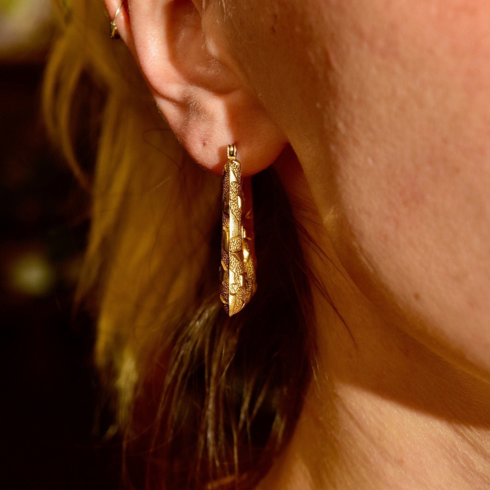 14K Rectangle Hoops W/ Textured Pattern Design, Thick Gold Hoops, Stylish Earrings, 1 3/8 L