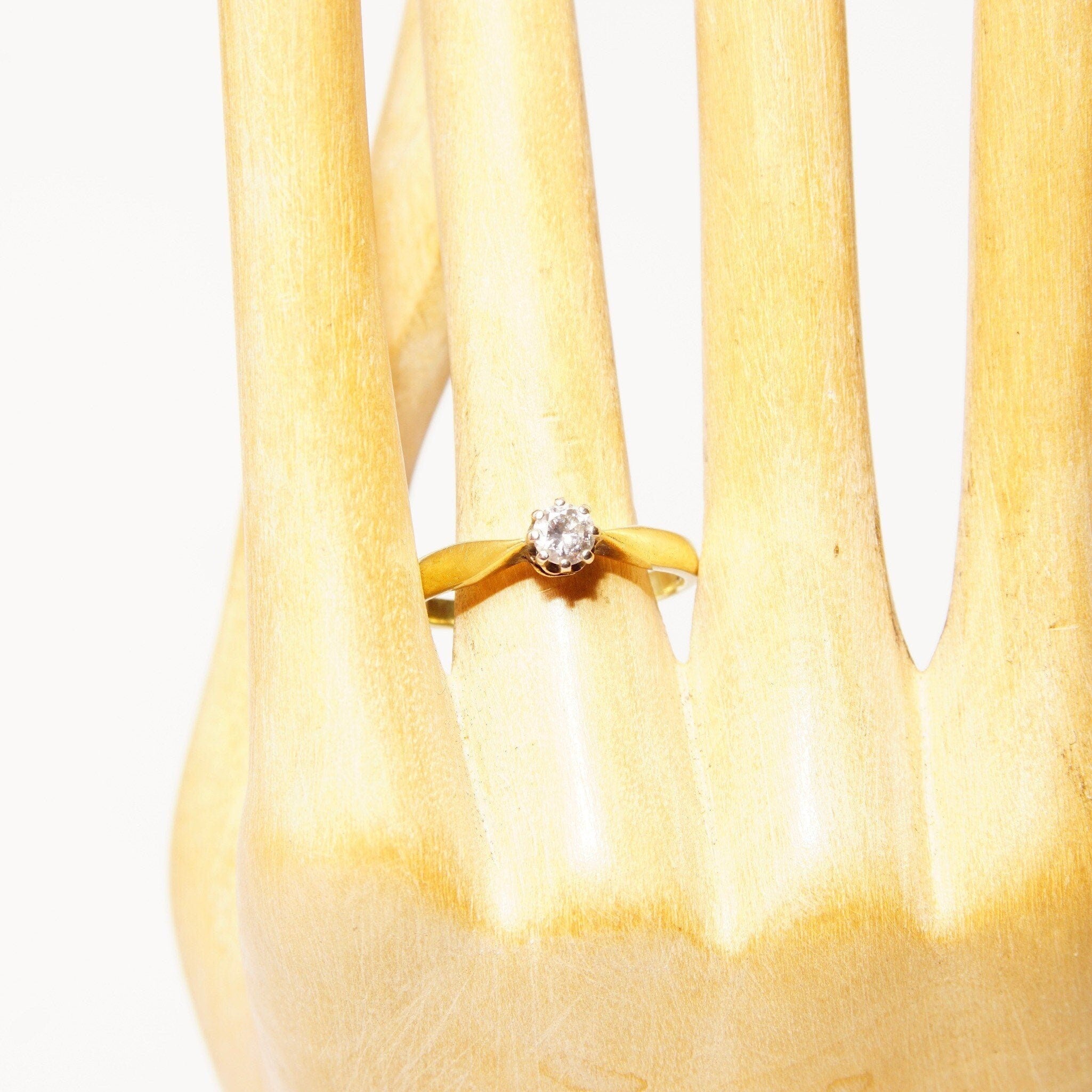 14K Brilliant Diamond Solitaire Ring, Pinched Yellow Gold Shank, .25 CT Diamond Engagement Ring, Size 6 1/4 US