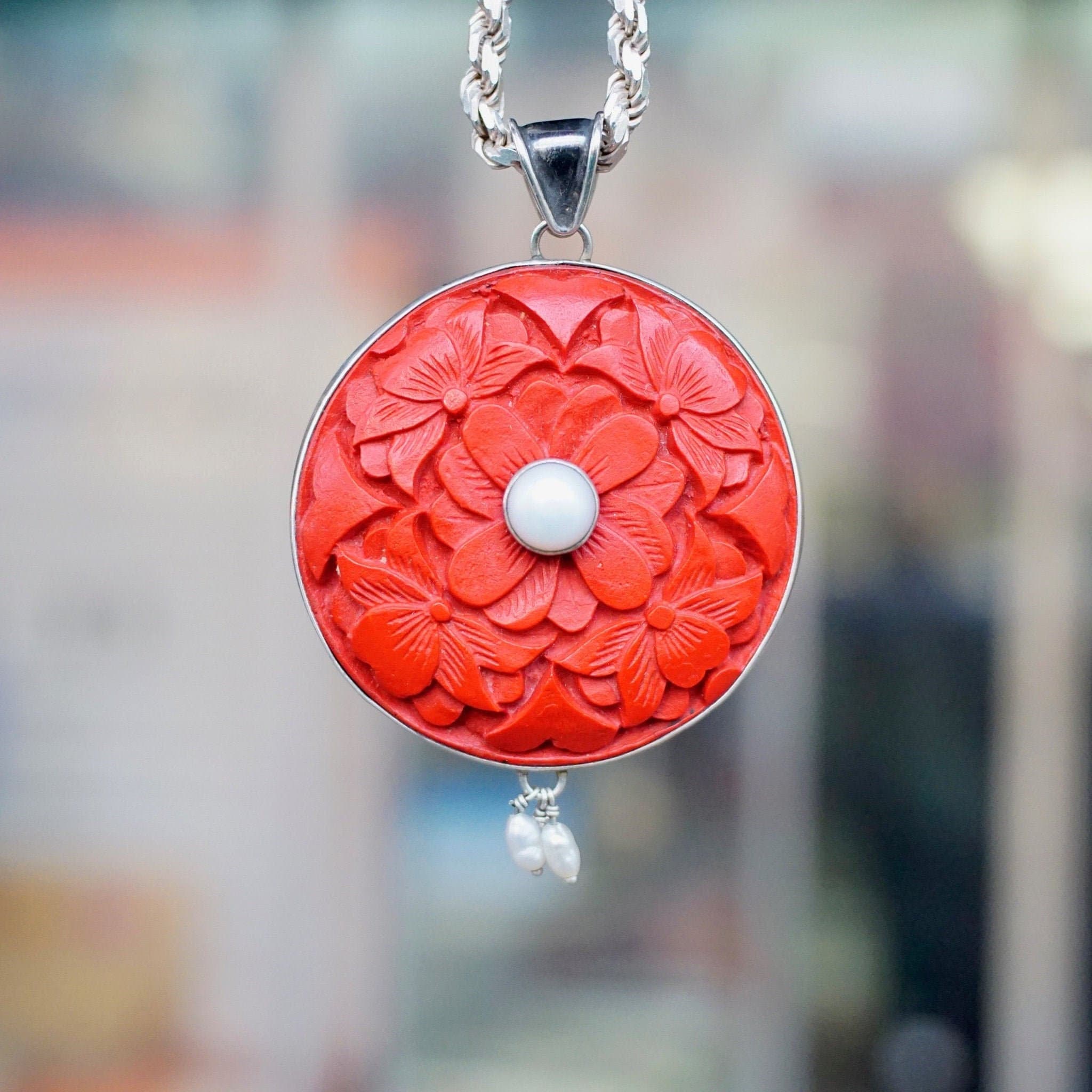 Vintage Sterling Silver Carved Red Cinnabar & Pearl Pendant, Geometric Floral Design, Large Round Silver Pendant With Pearl Tassels, 925