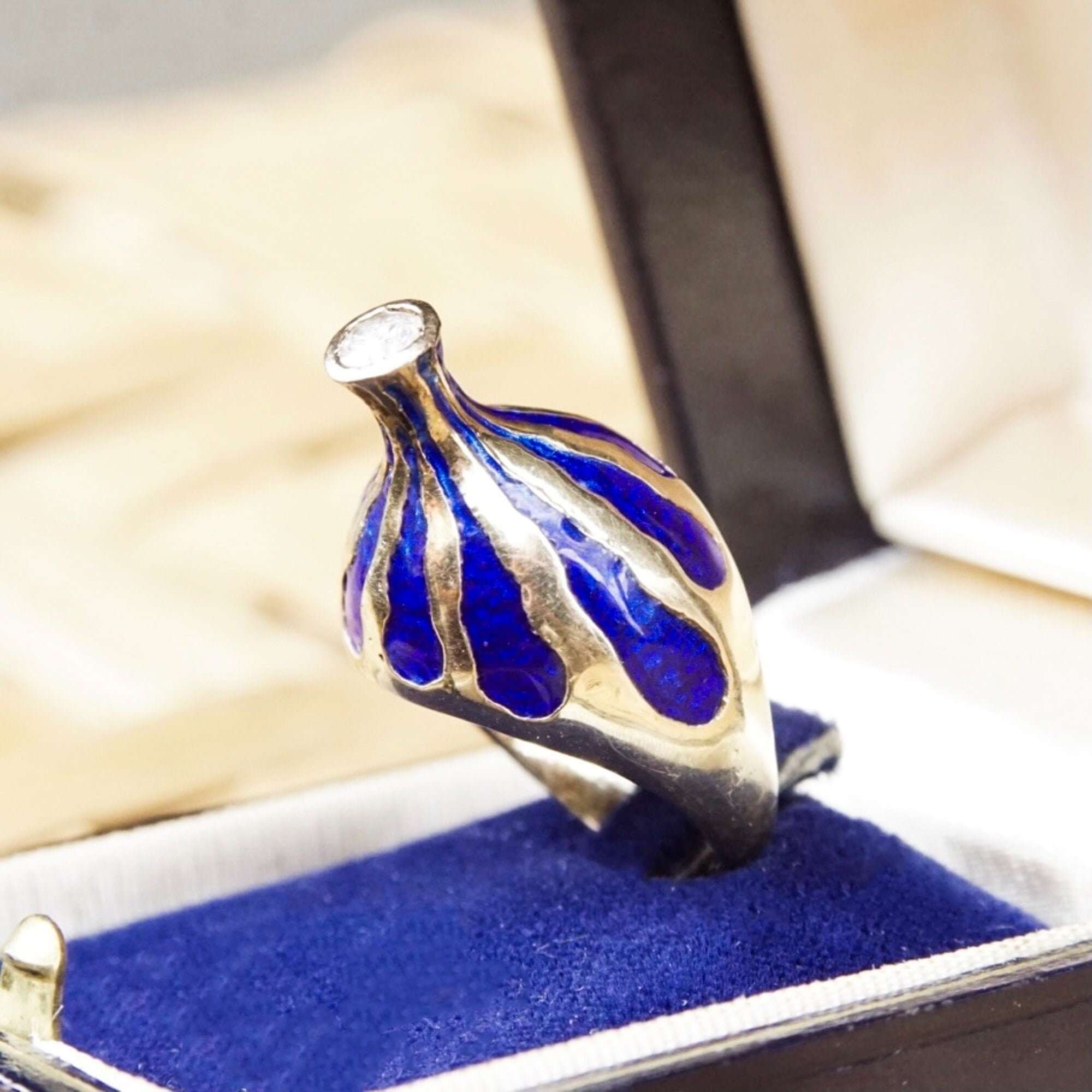 Cobalt Blue Enamel Diamond Dome Ring In 14K Yellow Gold, Estate Diamond Solitaire Ring, One Of A Kind, 5 1/2 US - Good's Vintage