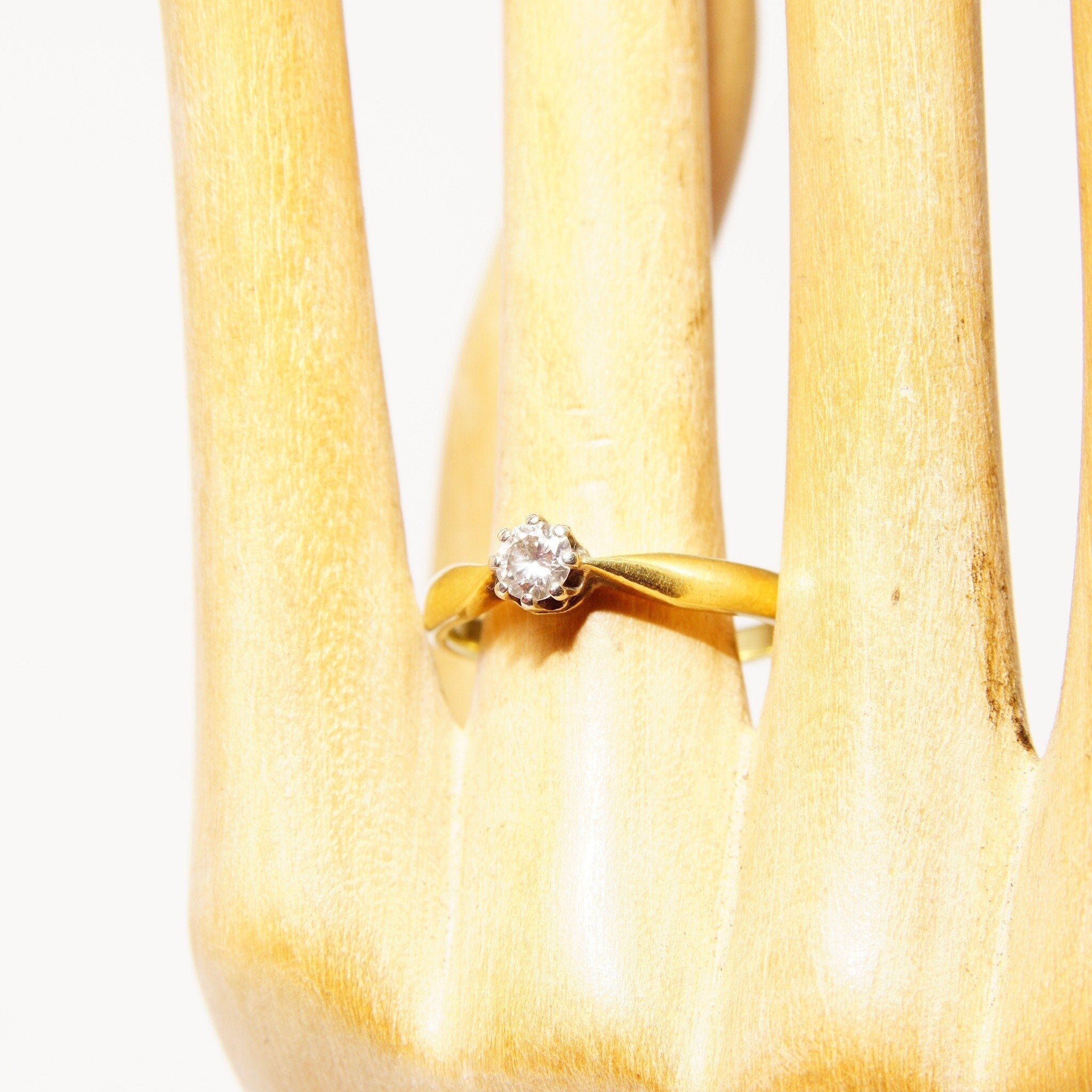 14K Brilliant Diamond Solitaire Ring, Pinched Yellow Gold Shank, .25 CT Diamond Engagement Ring, Size 6 1/4 US