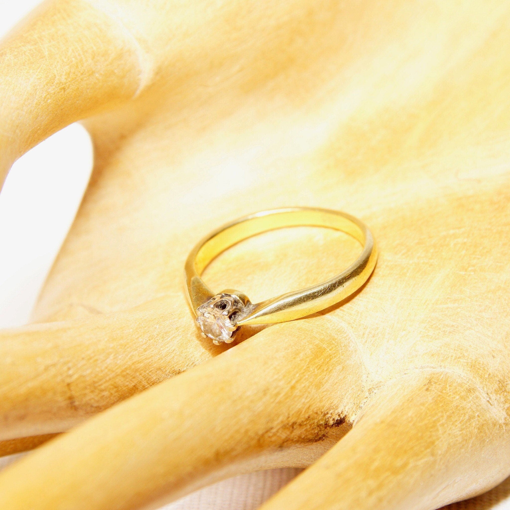 14K Brilliant Diamond Solitaire Ring, Pinched Yellow Gold Shank, .25 CT Diamond Engagement Ring, Size 6 1/4 US