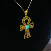 Egyptian Revival 18K Ankh Pendant, Yellow Gold Filigree With Turquoise Cabochon, Large Symbol Pendant, 2" L - Good's Vintage