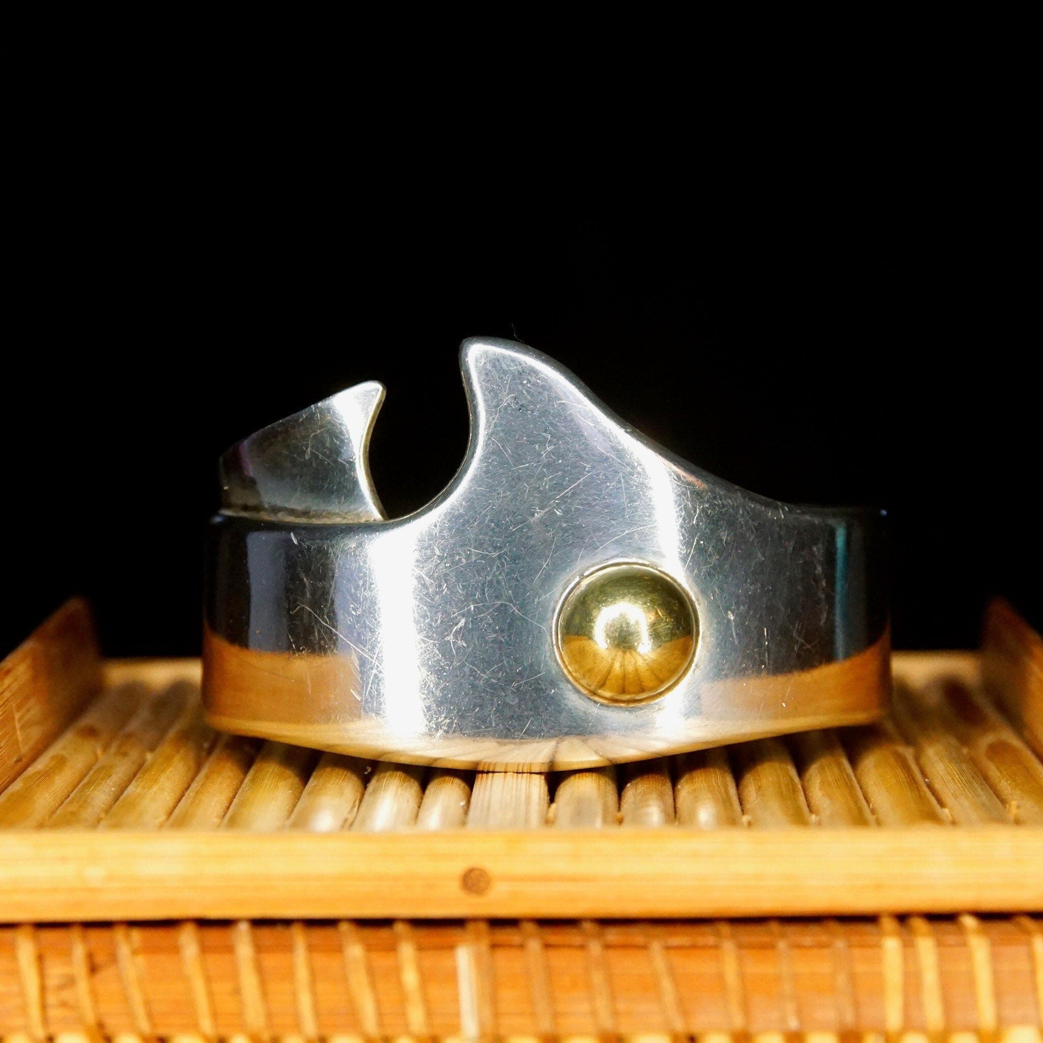 Vintage TAXCO Abstract Modernist Two-Tone Sterling Silver Cuff Bracelet, Heavy Silver Cuff With Gold Dome Embellishment, Mexico, 5 3/8" L