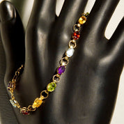 Vintage 14K Gold Multi-Stone Link Bracelet, Amethyst, Peridot, Citrine, Garnet, Blue Topaz, Yellow Gold Links, Made In Turkey, 7 1/2" L