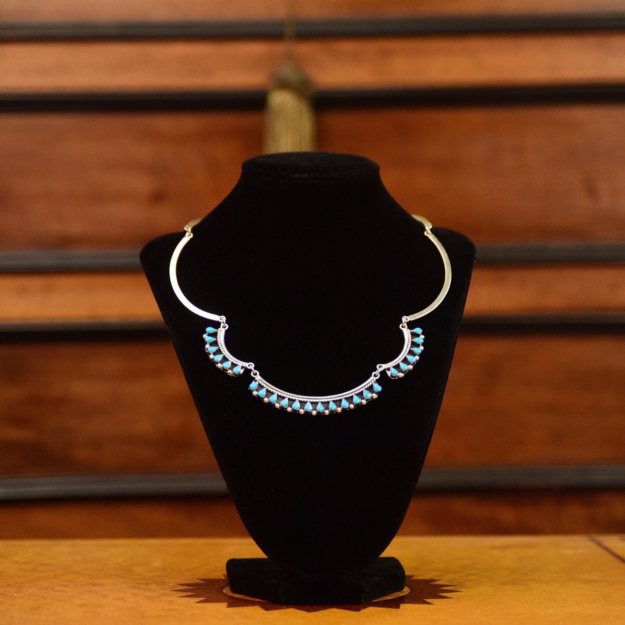 Vintage MEX 925 Sterling Silver Turquoise Teardrop Festoon Necklace, TAXCO Jewelry, Bohemian Silver Link Turquoise Bib Necklace, 16 1/2"