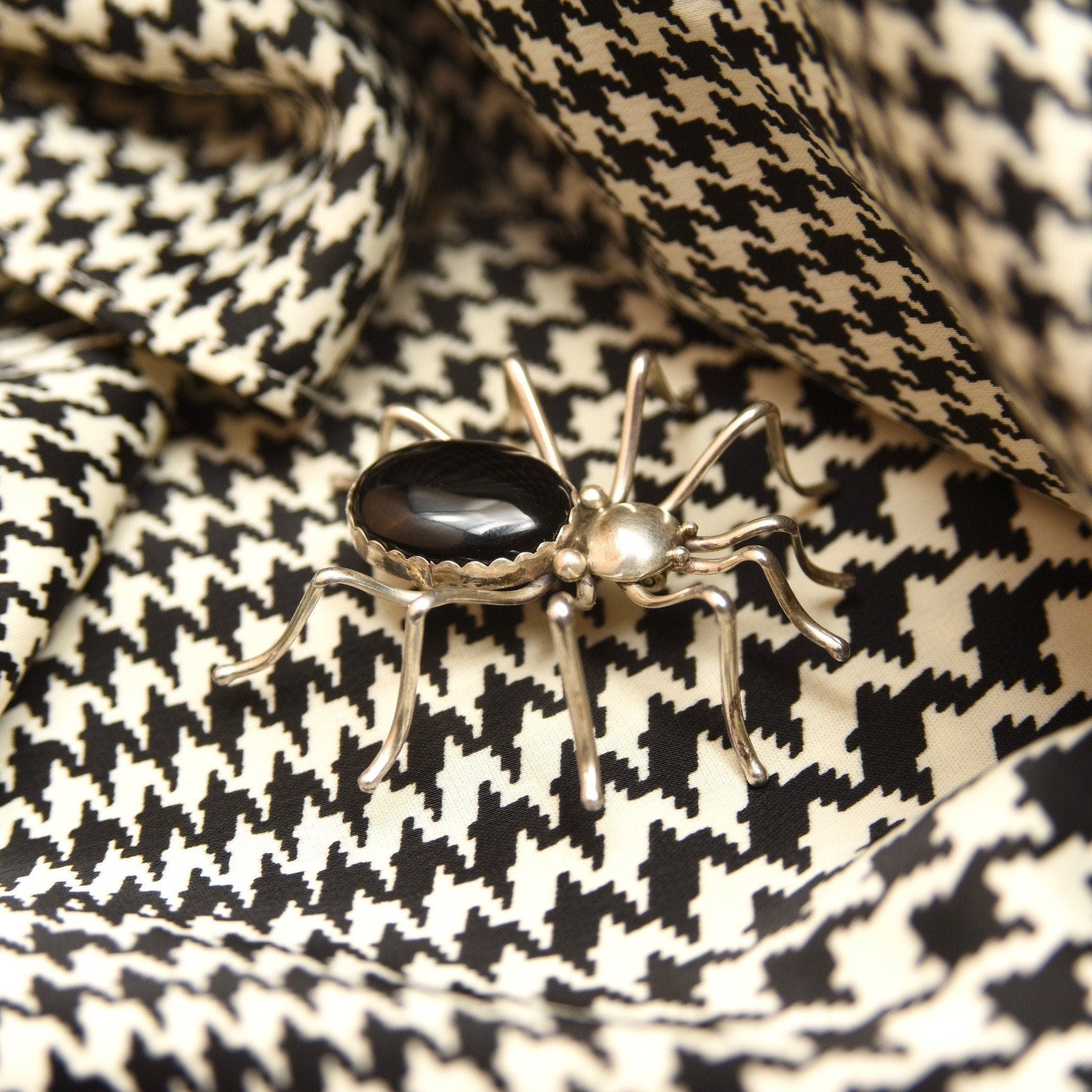 Vintage Hallmarked Native American Sterling Silver Onyx Spider Pin, E. Spencer Sterling, 2 1/4"