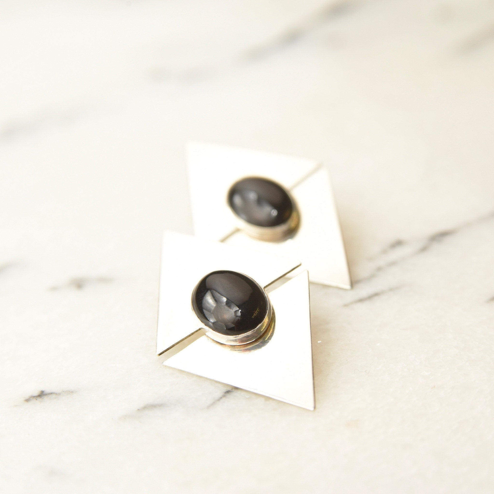 Vintage Modernist Sterling Silver Black Onyx Stud Earrings, Sleek Polished Triangle Slice Earrings, Bezel Set Onyx Cabochons, 925 Earrings