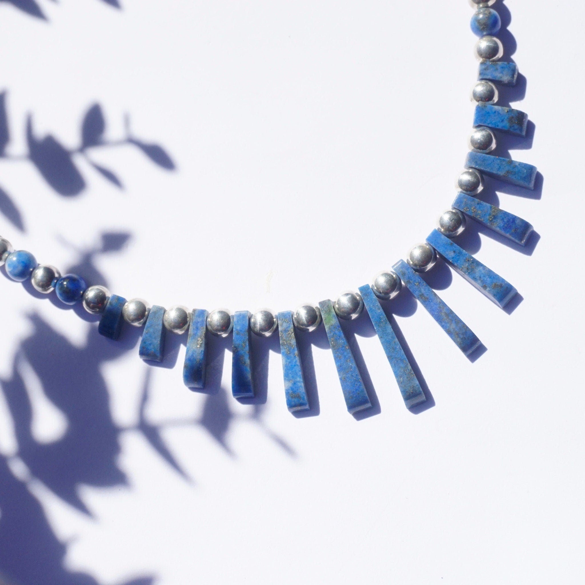 Vintage Lapis Lazuli And Silver Beaded Choker Necklace, Beaded Collar With Accent Stones, Unique Lapis and Silver Choker, 925 Jewelry