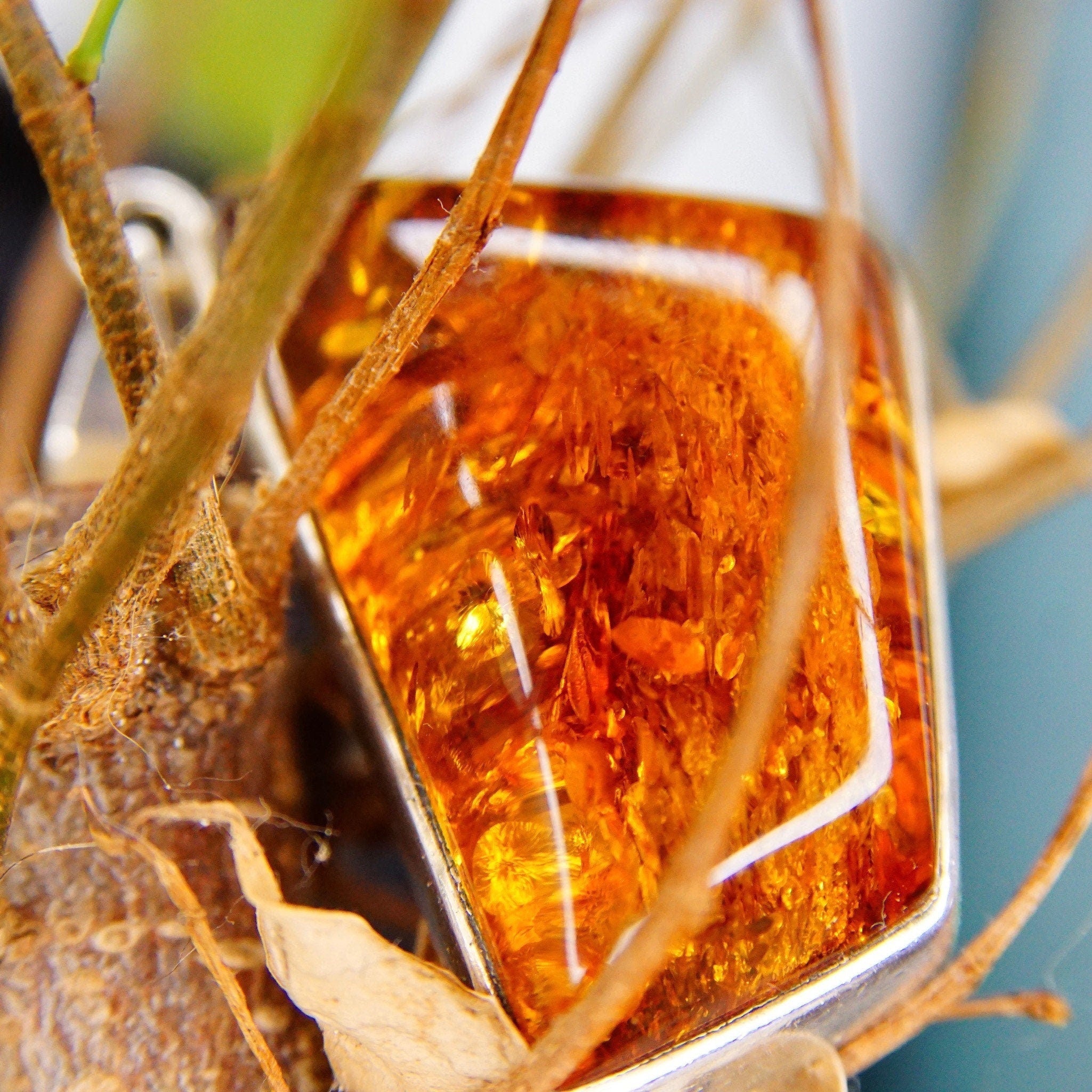 Vintage Modernist Sterling Silver Honey Amber Necklace Pendant, Incredible Inclusions, Fossilized Tree Resin, Abstract 925 Setting, 2 L