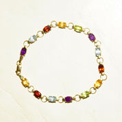 Vintage 14K Gold Multi-Stone Link Bracelet, Amethyst, Peridot, Citrine, Garnet, Blue Topaz, Yellow Gold Links, Made In Turkey, 7 1/2" L