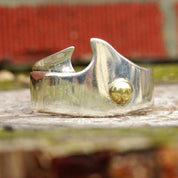 Vintage TAXCO Abstract Modernist Two-Tone Sterling Silver Cuff Bracelet, Heavy Silver Cuff With Gold Dome Embellishment, Mexico, 5 3/8" L