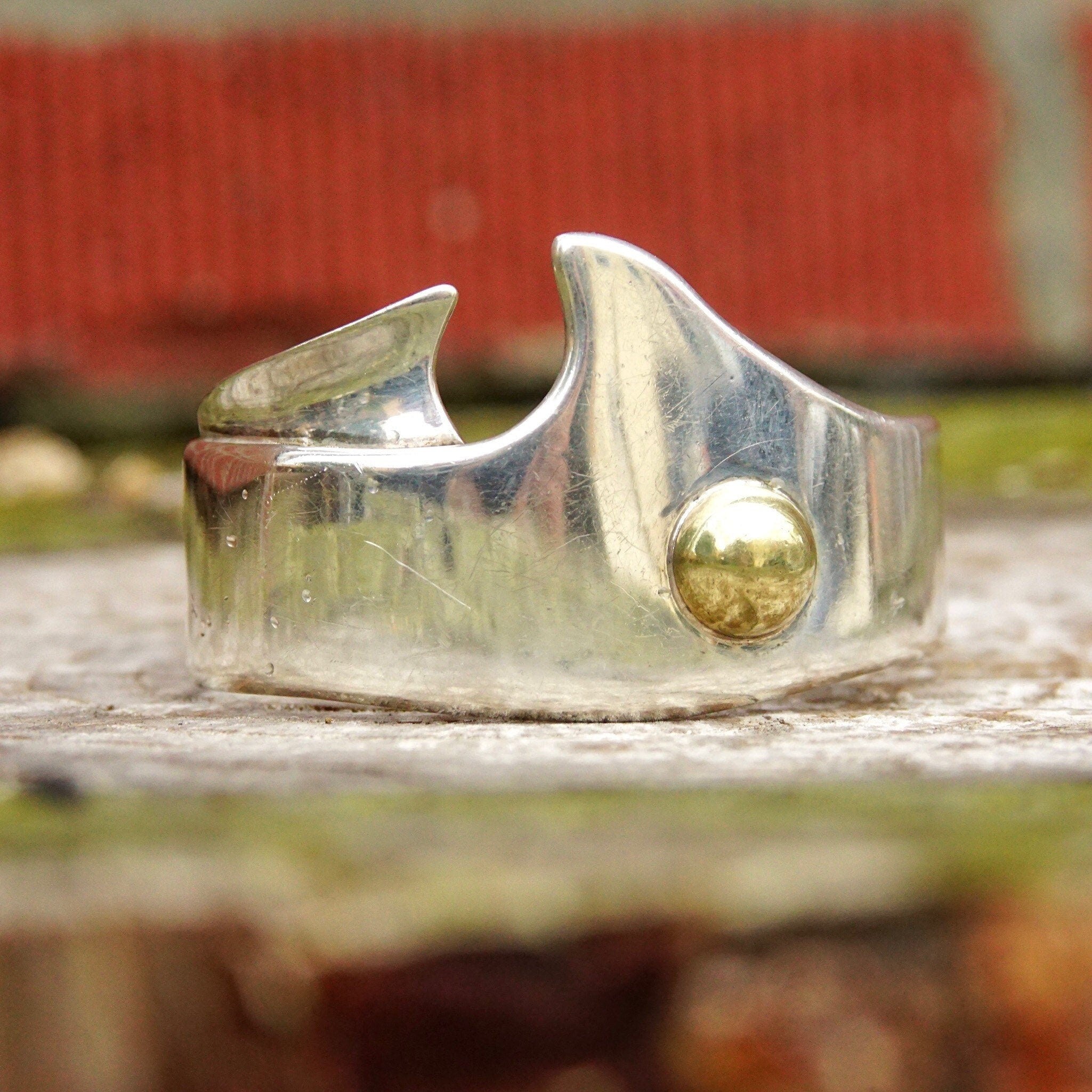 Vintage TAXCO Abstract Modernist Two-Tone Sterling Silver Cuff Bracelet, Heavy Silver Cuff With Gold Dome Embellishment, Mexico, 5 3/8" L
