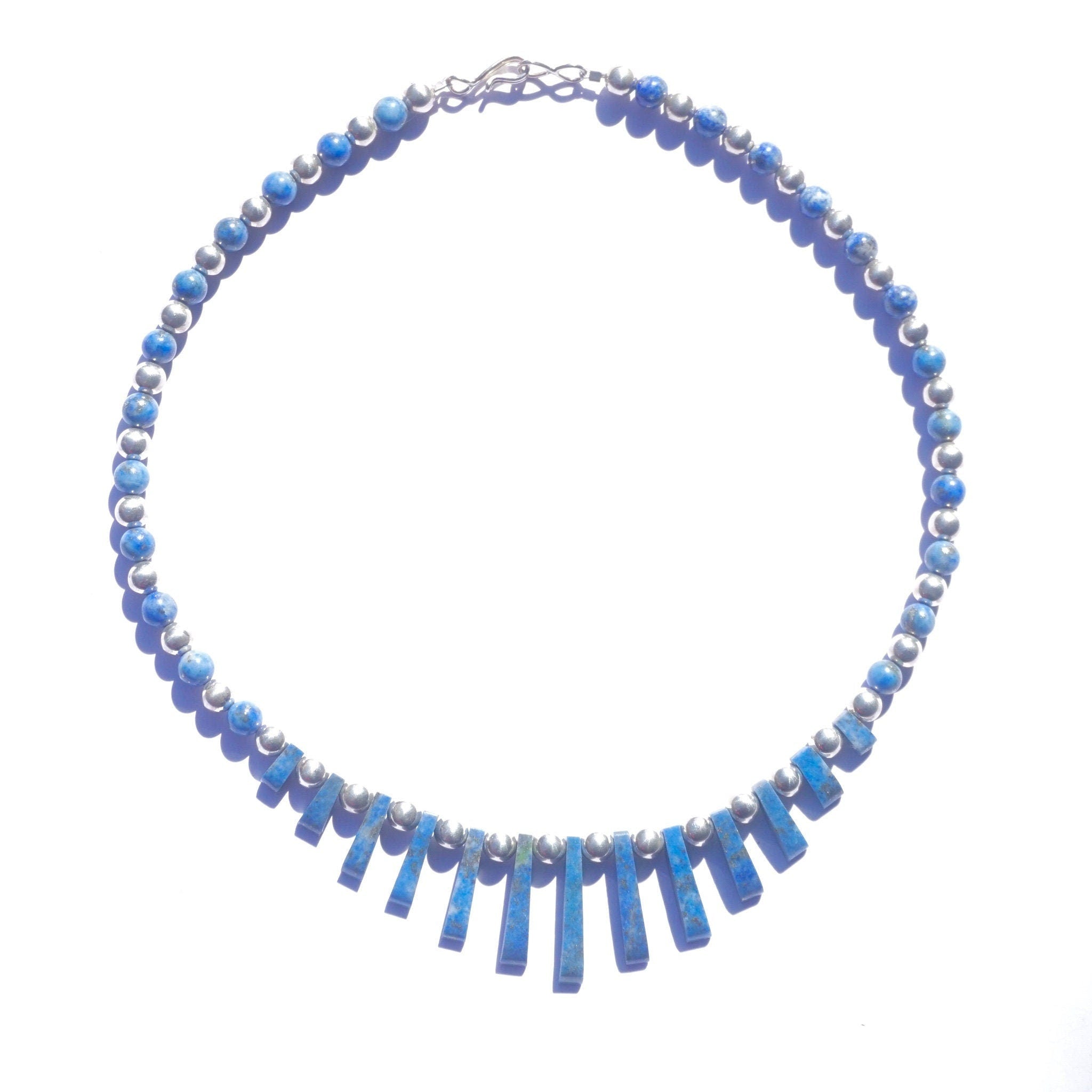 Vintage Lapis Lazuli And Silver Beaded Choker Necklace, Beaded Collar With Accent Stones, Unique Lapis and Silver Choker, 925 Jewelry