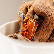 Vintage Modernist Sterling Silver Honey Amber Necklace Pendant, Incredible Inclusions, Fossilized Tree Resin, Abstract 925 Setting, 2 L