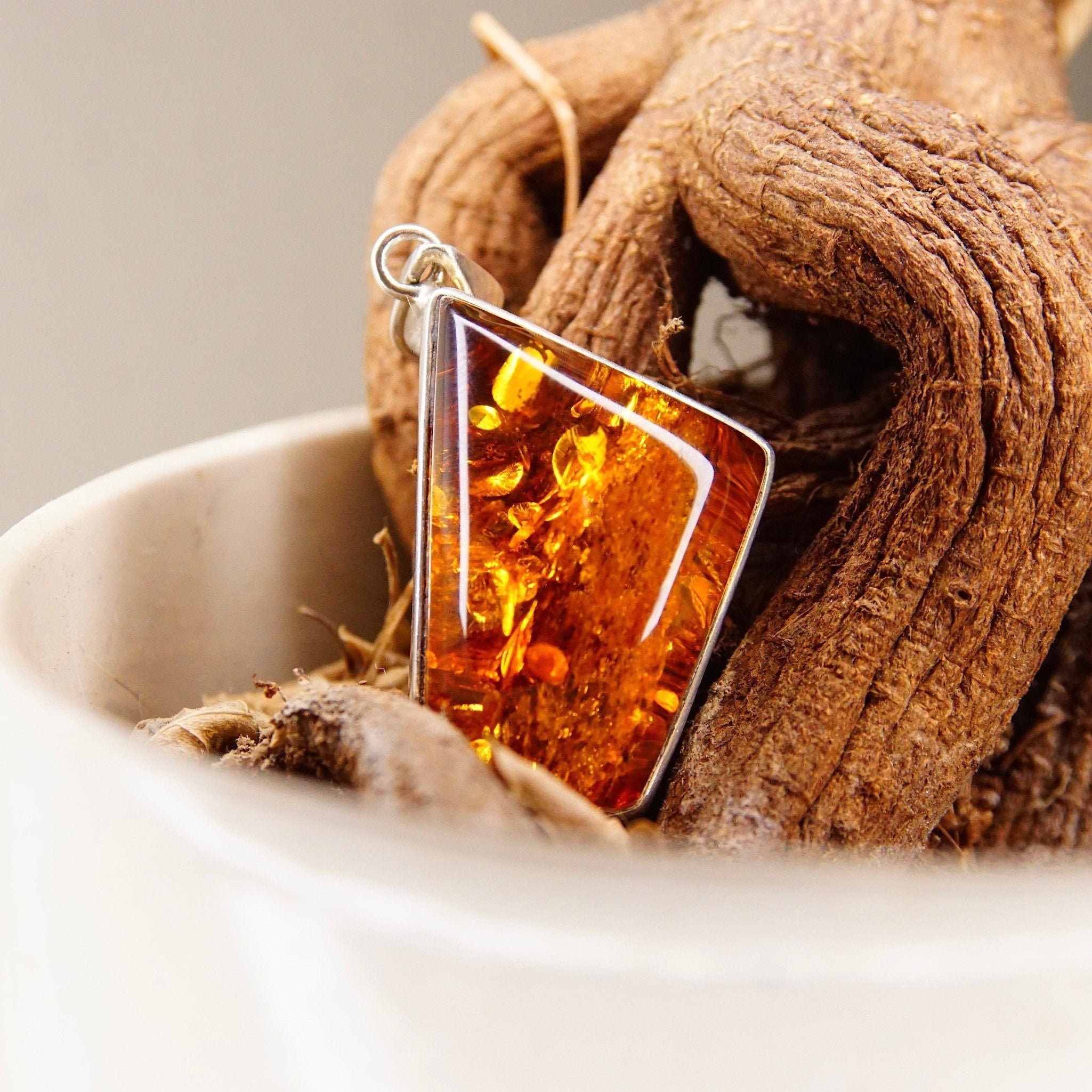 Vintage Modernist Sterling Silver Honey Amber Necklace Pendant, Incredible Inclusions, Fossilized Tree Resin, Abstract 925 Setting, 2 L