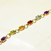 Vintage 14K Gold Multi-Stone Link Bracelet, Amethyst, Peridot, Citrine, Garnet, Blue Topaz, Yellow Gold Links, Made In Turkey, 7 1/2" L