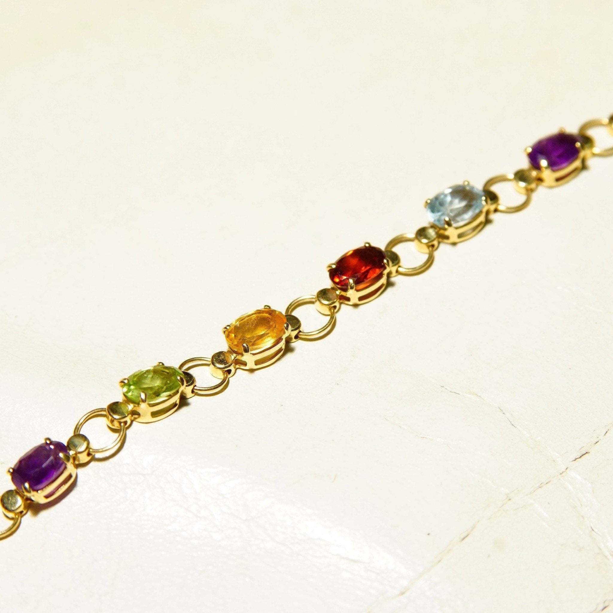 Vintage 14K Gold Multi-Stone Link Bracelet, Amethyst, Peridot, Citrine, Garnet, Blue Topaz, Yellow Gold Links, Made In Turkey, 7 1/2" L