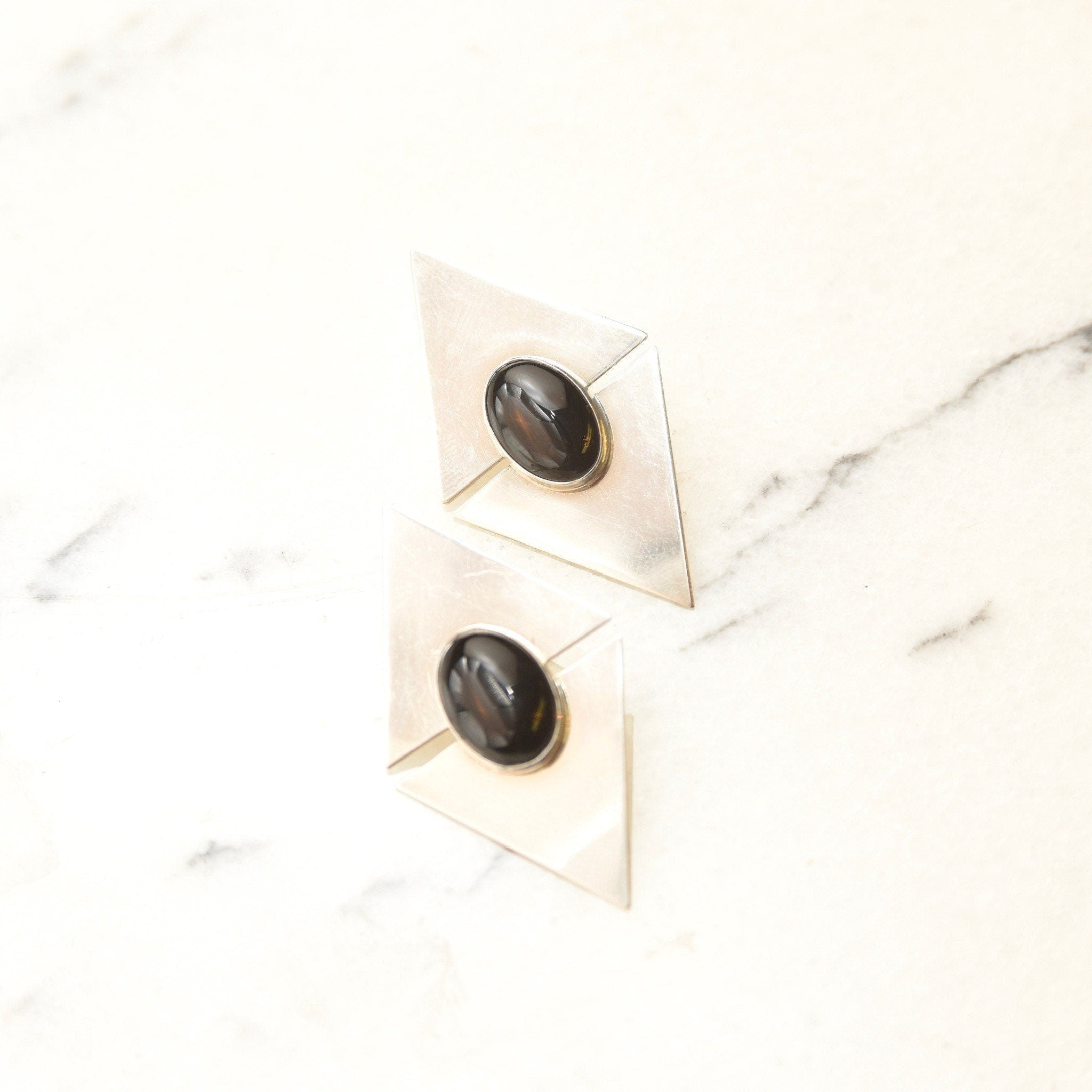 Vintage Modernist Sterling Silver Black Onyx Stud Earrings, Sleek Polished Triangle Slice Earrings, Bezel Set Onyx Cabochons, 925 Earrings