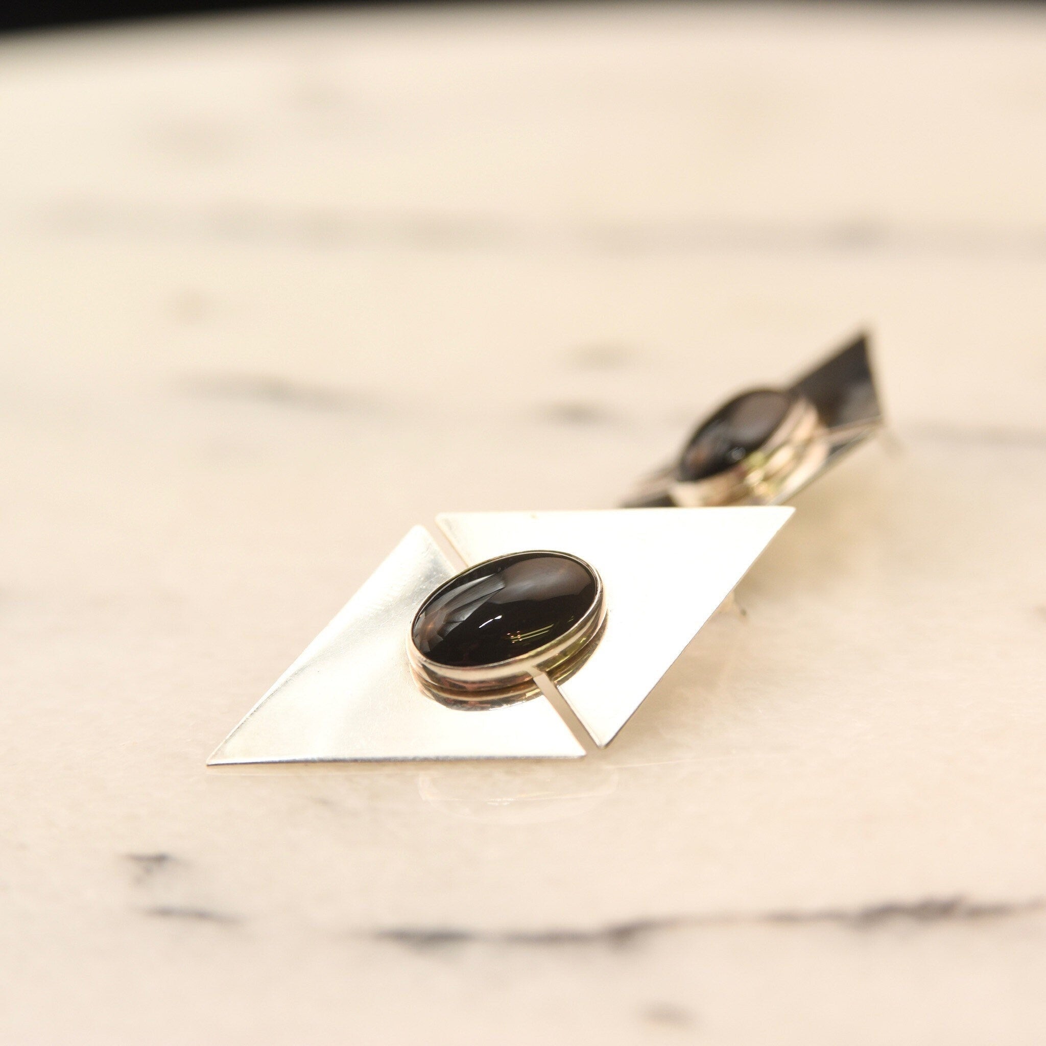 Vintage Modernist Sterling Silver Black Onyx Stud Earrings, Sleek Polished Triangle Slice Earrings, Bezel Set Onyx Cabochons, 925 Earrings