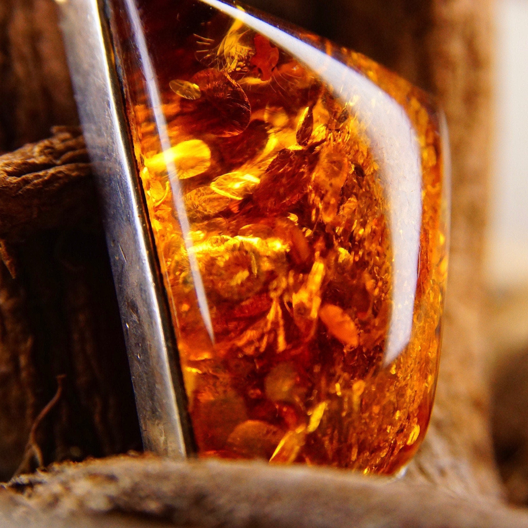 Vintage Modernist Sterling Silver Honey Amber Necklace Pendant, Incredible Inclusions, Fossilized Tree Resin, Abstract 925 Setting, 2 L