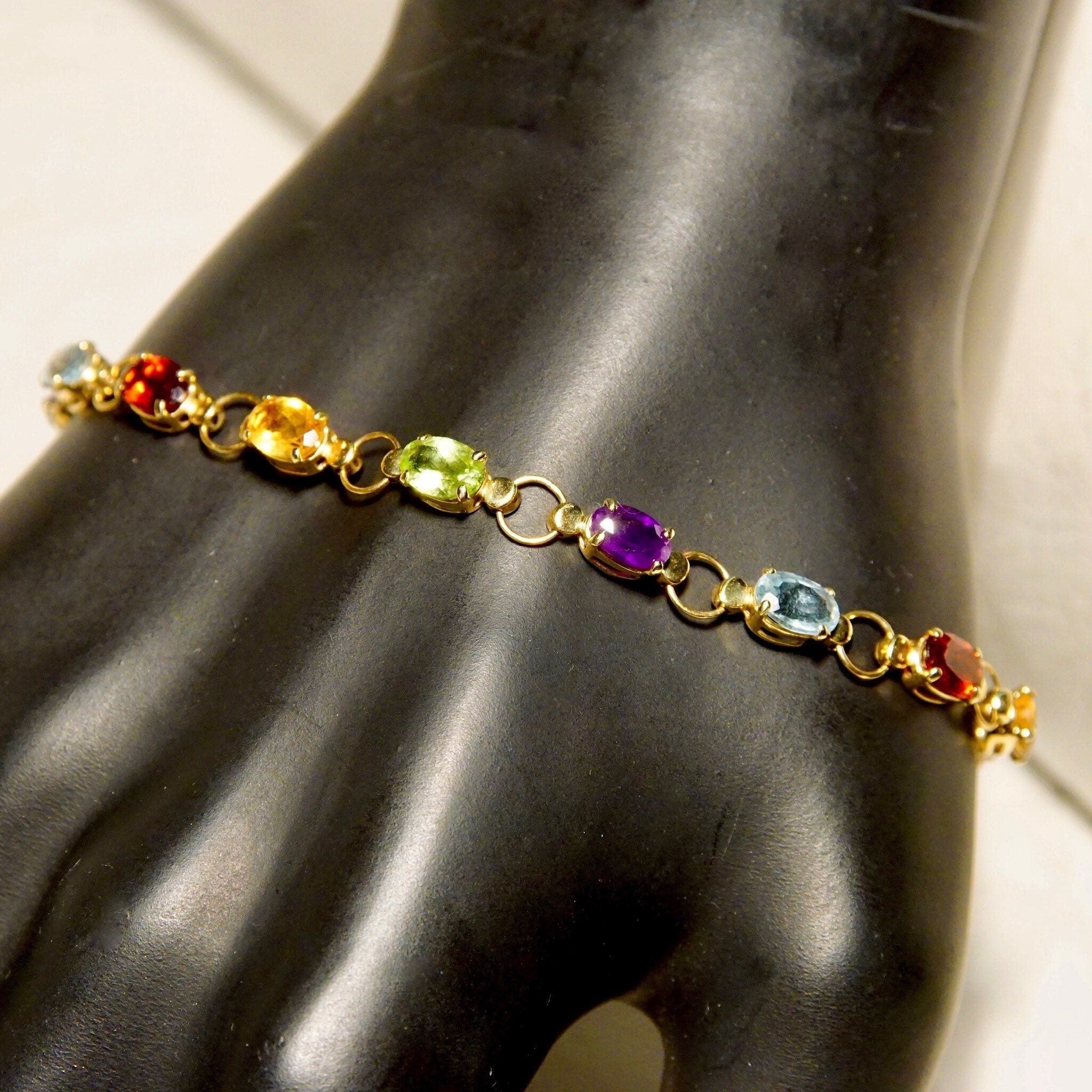 Vintage 14K Gold Multi-Stone Link Bracelet, Amethyst, Peridot, Citrine, Garnet, Blue Topaz, Yellow Gold Links, Made In Turkey, 7 1/2" L