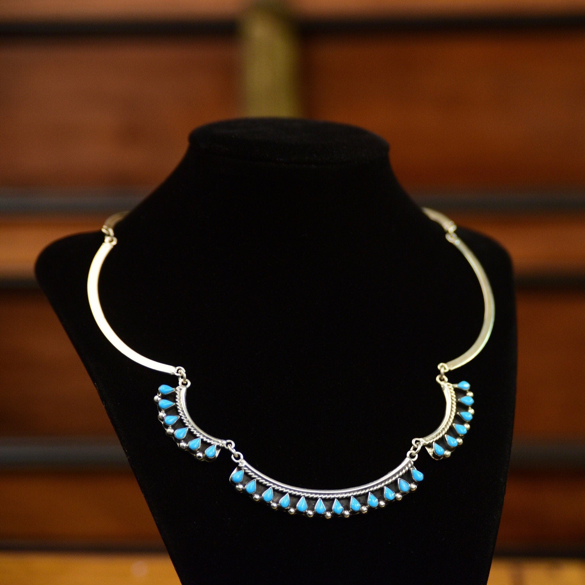 Vintage MEX 925 Sterling Silver Turquoise Teardrop Festoon Necklace, TAXCO Jewelry, Bohemian Silver Link Turquoise Bib Necklace, 16 1/2"