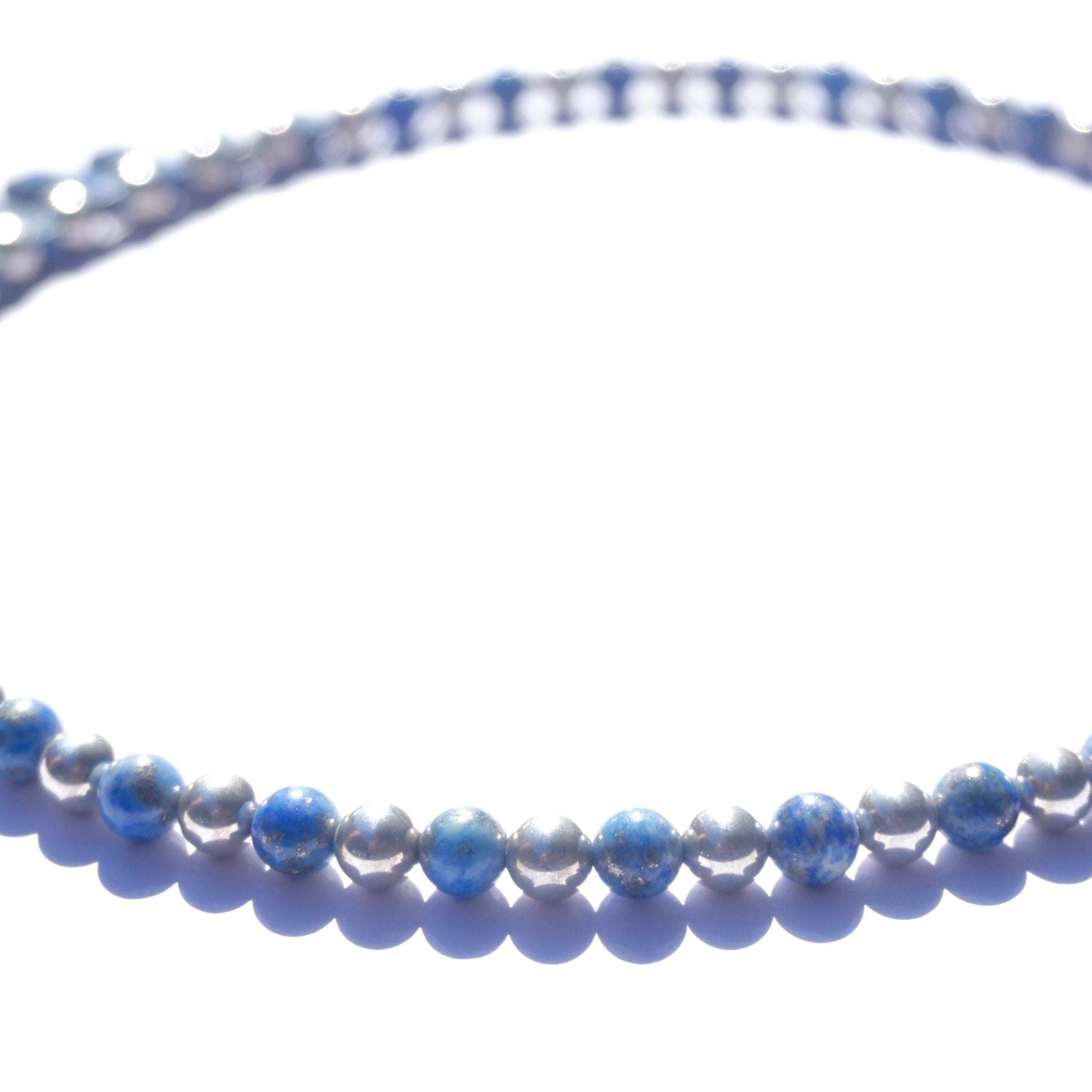 Vintage Lapis Lazuli And Silver Beaded Choker Necklace, Beaded Collar With Accent Stones, Unique Lapis and Silver Choker, 925 Jewelry
