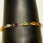 Vintage 14K Gold Multi-Stone Link Bracelet, Amethyst, Peridot, Citrine, Garnet, Blue Topaz, Yellow Gold Links, Made In Turkey, 7 1/2" L