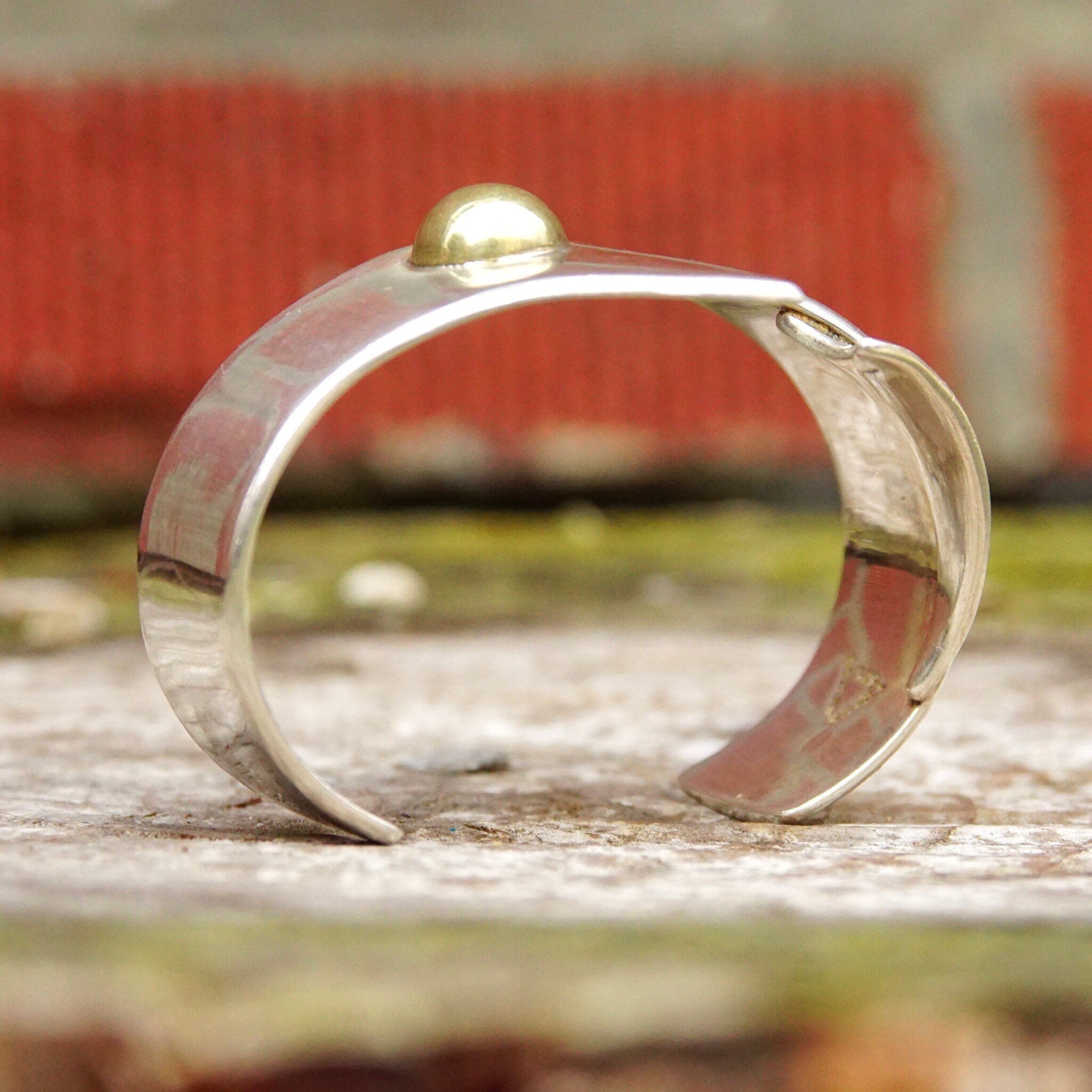 Vintage TAXCO Abstract Modernist Two-Tone Sterling Silver Cuff Bracelet, Heavy Silver Cuff With Gold Dome Embellishment, Mexico, 5 3/8" L