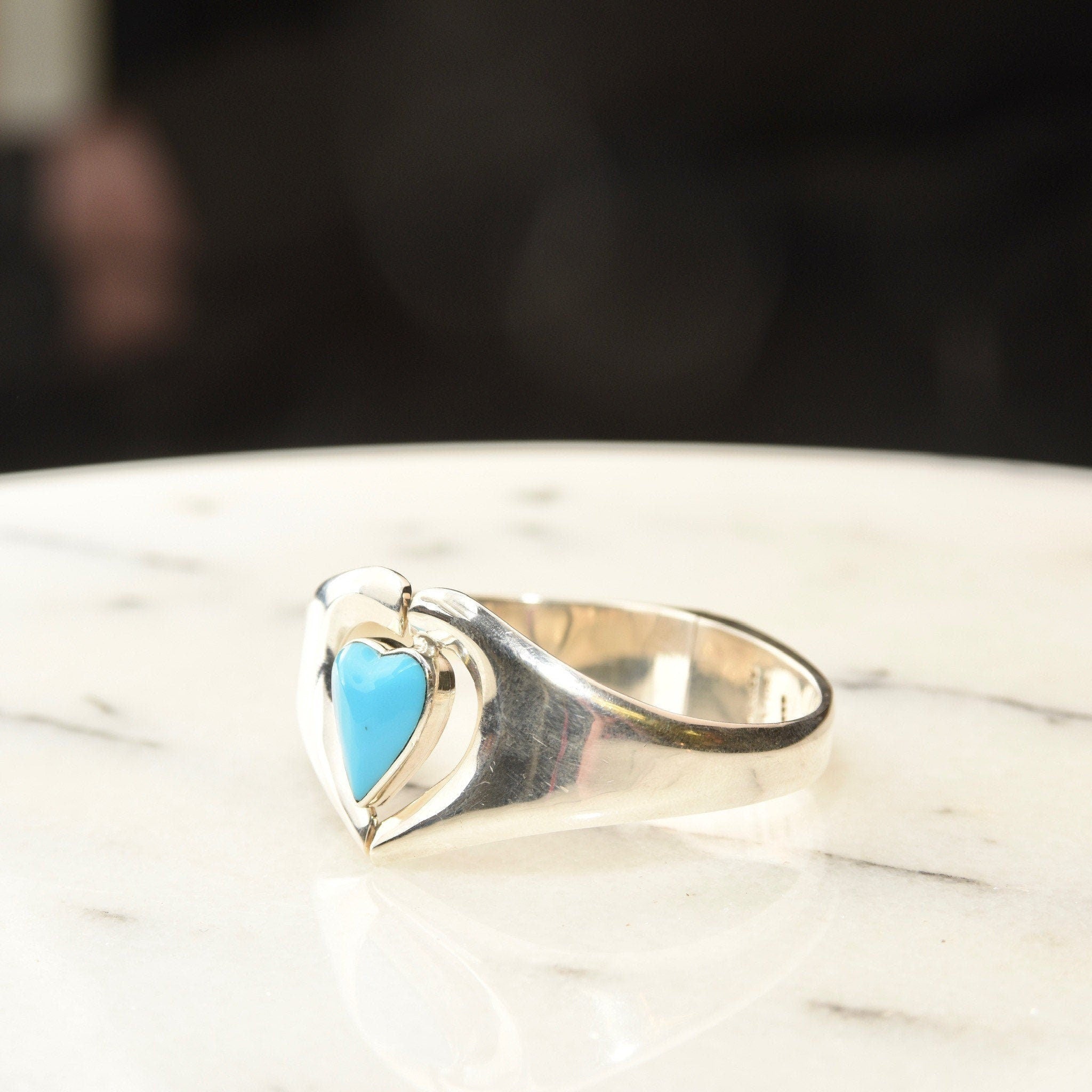 Vintage TAXCO Sterling Silver Turquoise Heart Clamper Cuff, Modernist Silver Cut-Out Cuff, Bright Blue Turquoise, 925 Mexico, 7" Diameter