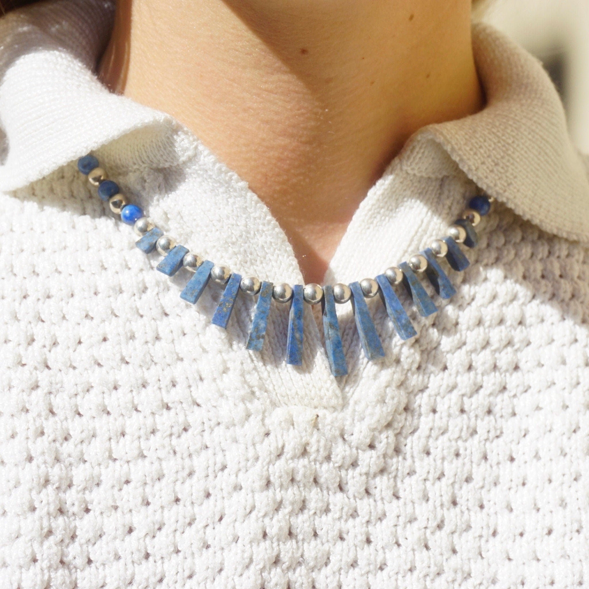 Vintage Lapis Lazuli And Silver Beaded Choker Necklace, Beaded Collar With Accent Stones, Unique Lapis and Silver Choker, 925 Jewelry