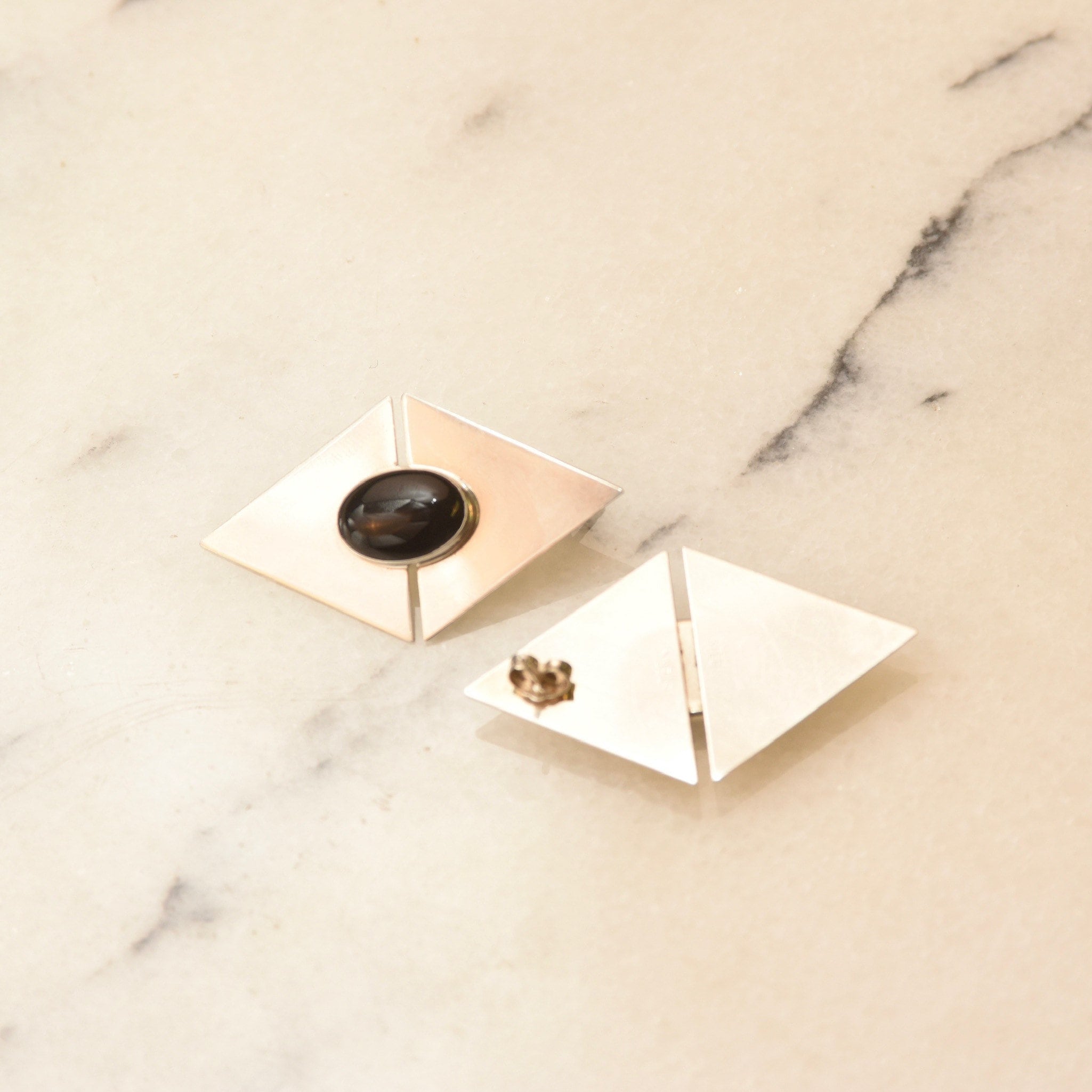 Vintage Modernist Sterling Silver Black Onyx Stud Earrings, Sleek Polished Triangle Slice Earrings, Bezel Set Onyx Cabochons, 925 Earrings