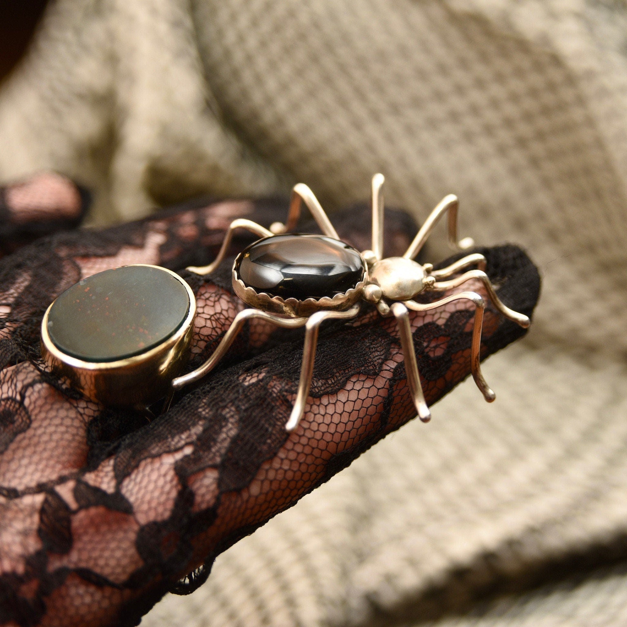 Vintage Hallmarked Native American Sterling Silver Onyx Spider Pin, E. Spencer Sterling, 2 1/4"