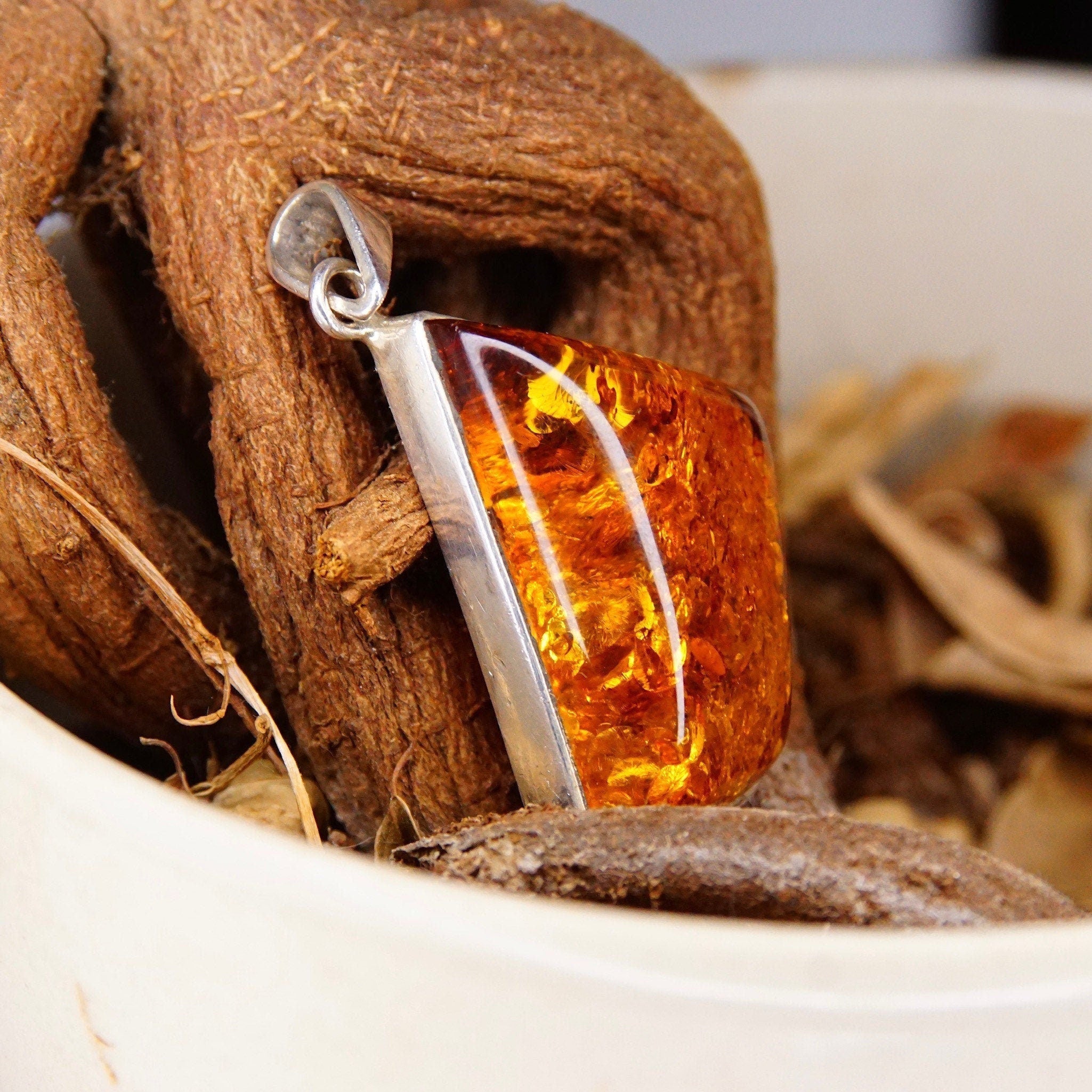 Vintage Modernist Sterling Silver Honey Amber Necklace Pendant, Incredible Inclusions, Fossilized Tree Resin, Abstract 925 Setting, 2 L