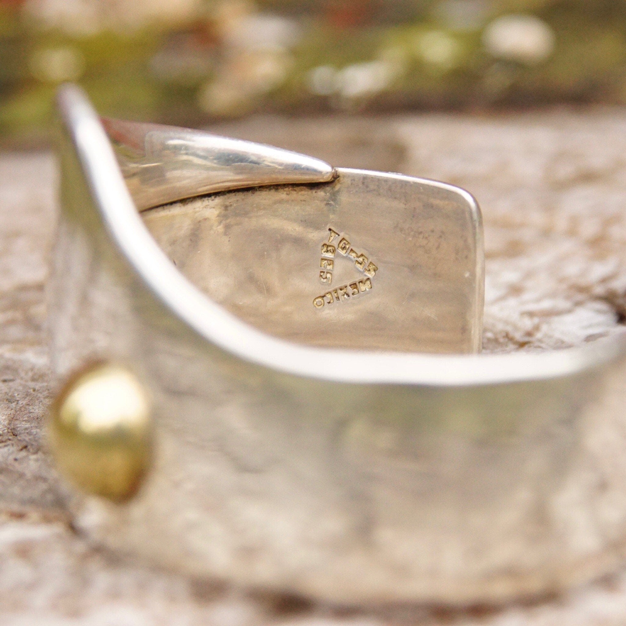 Vintage TAXCO Abstract Modernist Two-Tone Sterling Silver Cuff Bracelet, Heavy Silver Cuff With Gold Dome Embellishment, Mexico, 5 3/8" L