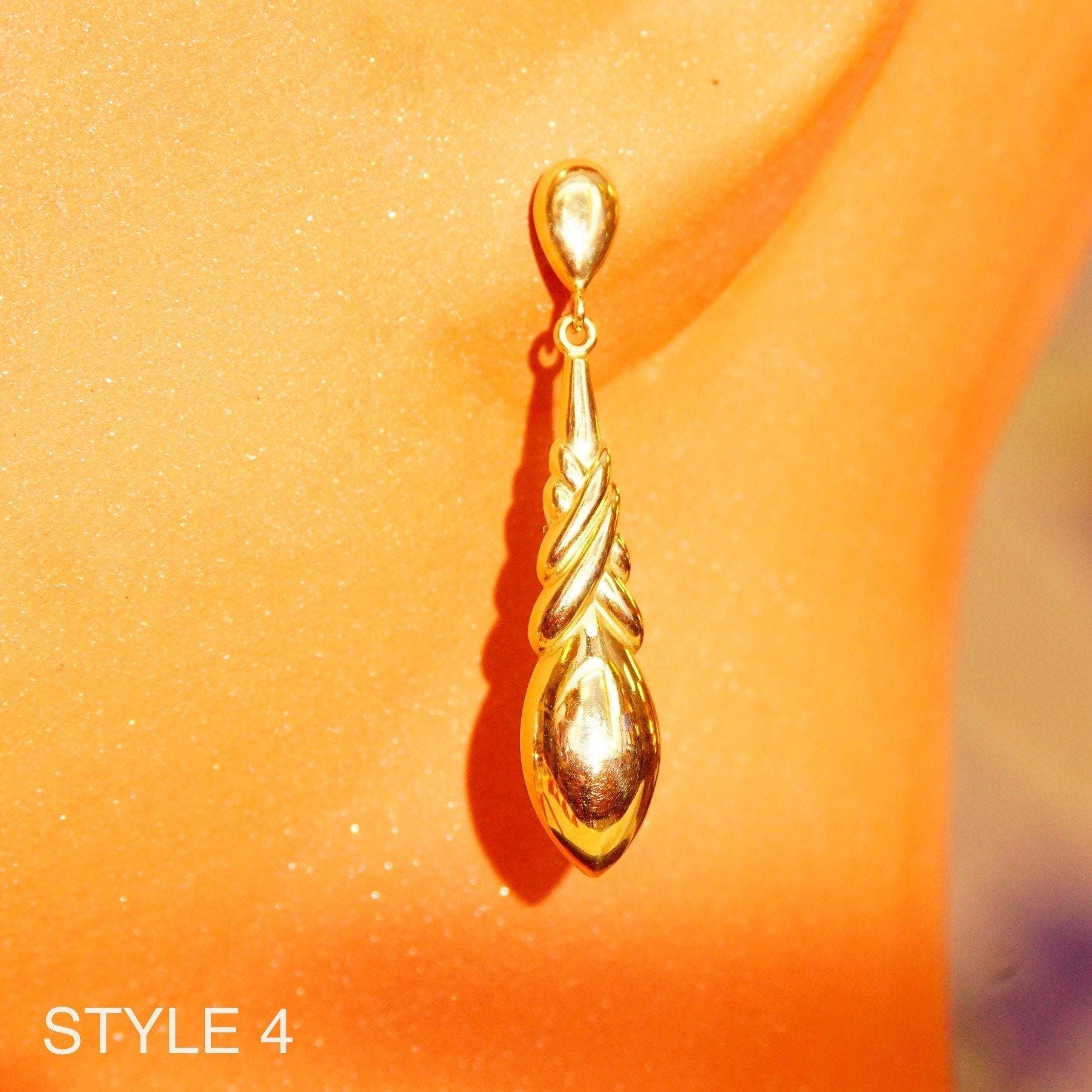 Vintage 14K Gold Puff Stud Dangle Earrings, Polished Yellow Gold, Ornate Dangle Earrings, Lightweight, Elegant, 585 Accessories