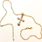 14K Diamond Pave Gothic Cross Pendant Necklace, Two-Tone Diamond Cut Figaro Chain, Vintage Religious Jewelry, 16" L