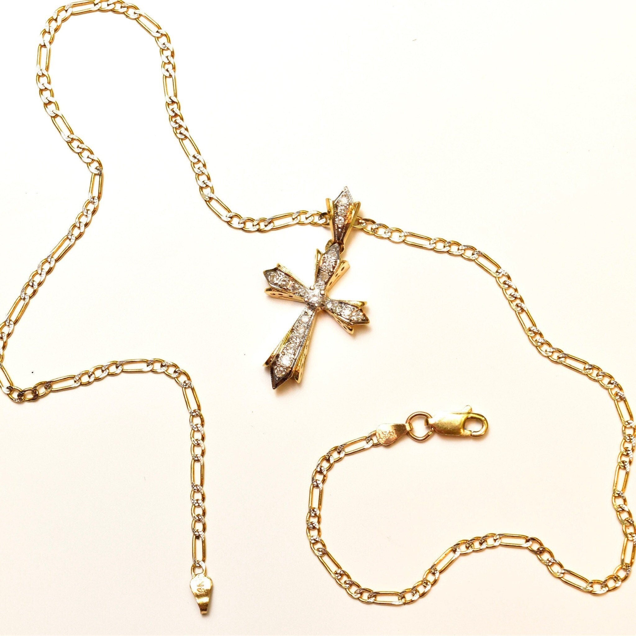 14K Diamond Pave Gothic Cross Pendant Necklace, Two-Tone Diamond Cut Figaro Chain, Vintage Religious Jewelry, 16" L