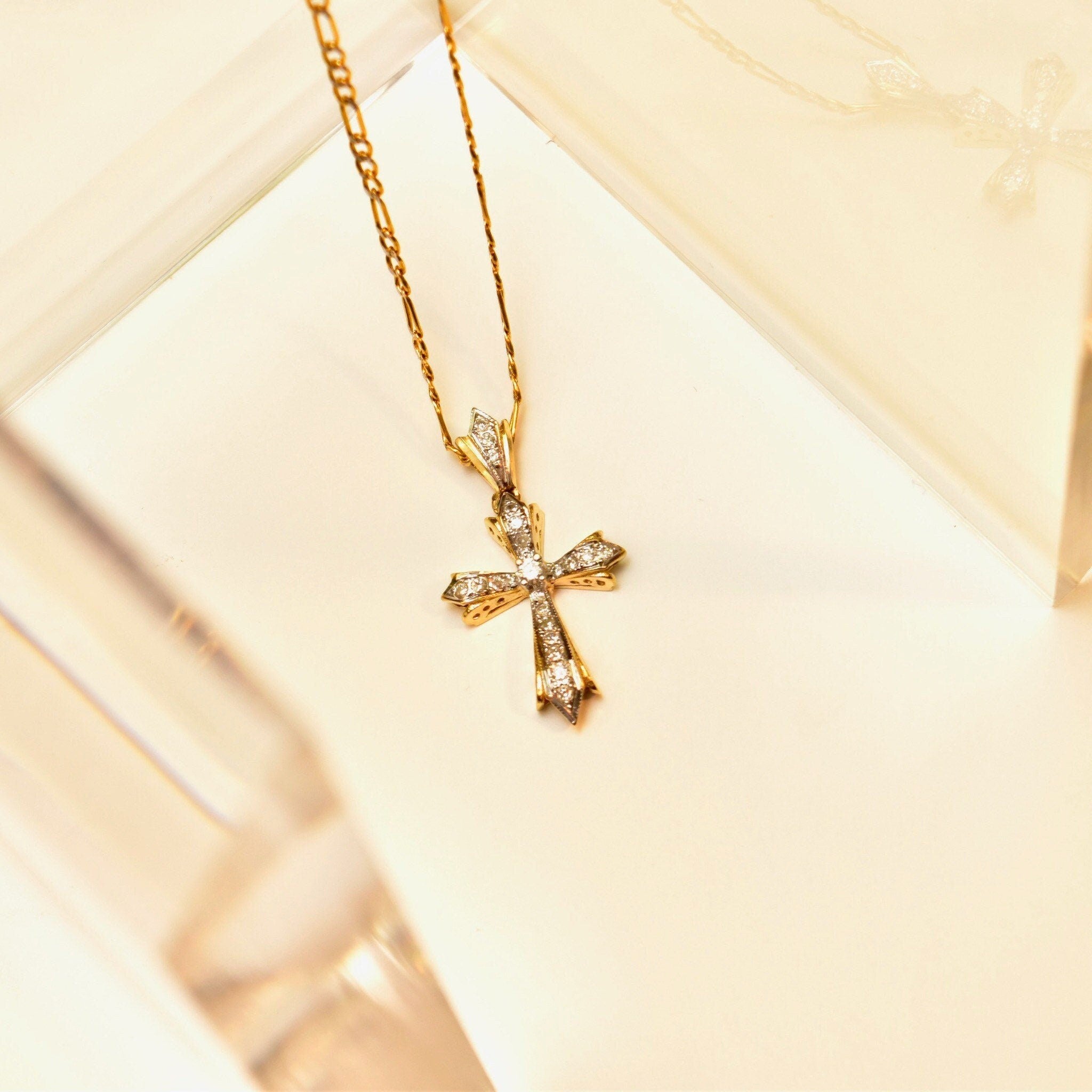 14K Diamond Pave Gothic Cross Pendant Necklace, Two-Tone Diamond Cut Figaro Chain, Vintage Religious Jewelry, 16" L