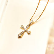14K Diamond Pave Gothic Cross Pendant Necklace, Two-Tone Diamond Cut Figaro Chain, Vintage Religious Jewelry, 16" L