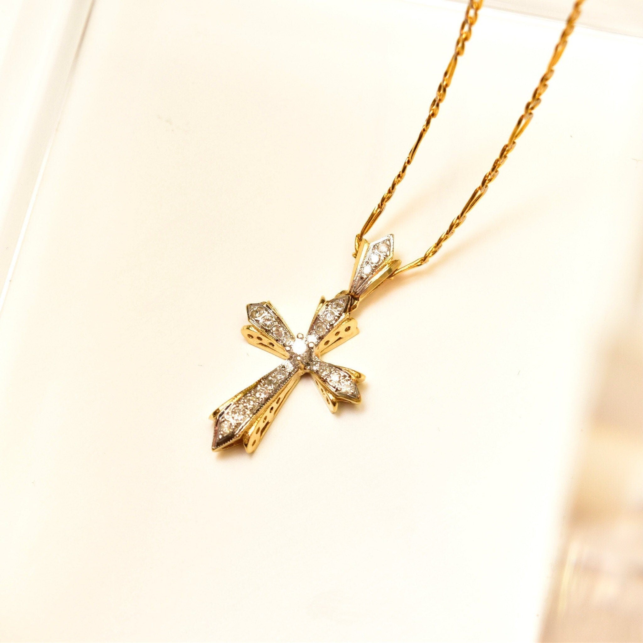 14K Diamond Pave Gothic Cross Pendant Necklace, Two-Tone Diamond Cut Figaro Chain, Vintage Religious Jewelry, 16" L