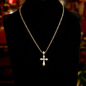 14K Diamond Pave Gothic Cross Pendant Necklace, Two-Tone Diamond Cut Figaro Chain, Vintage Religious Jewelry, 16" L