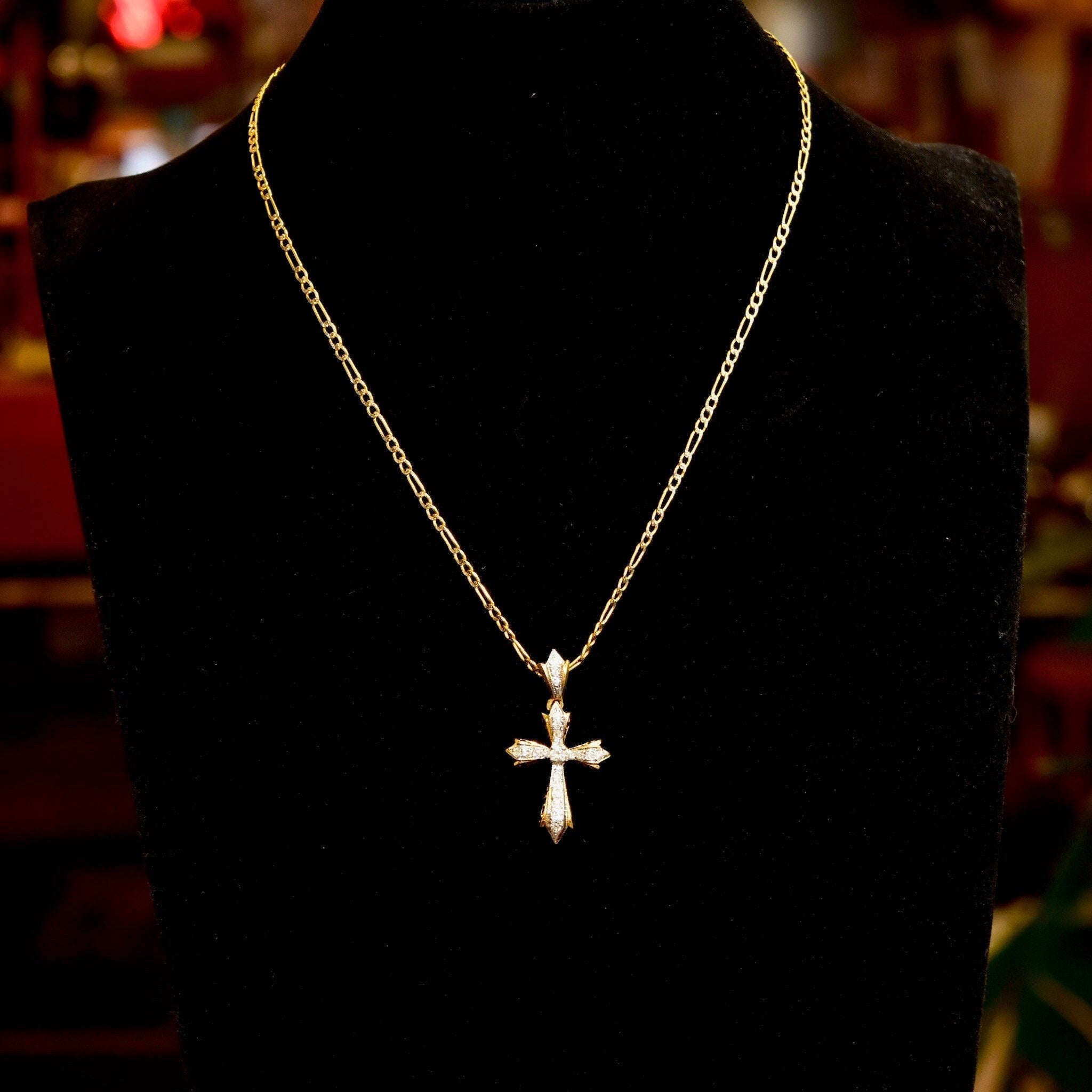 14K Diamond Pave Gothic Cross Pendant Necklace, Two-Tone Diamond Cut Figaro Chain, Vintage Religious Jewelry, 16" L