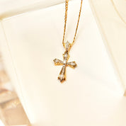 14K Diamond Pave Gothic Cross Pendant Necklace, Two-Tone Diamond Cut Figaro Chain, Vintage Religious Jewelry, 16" L