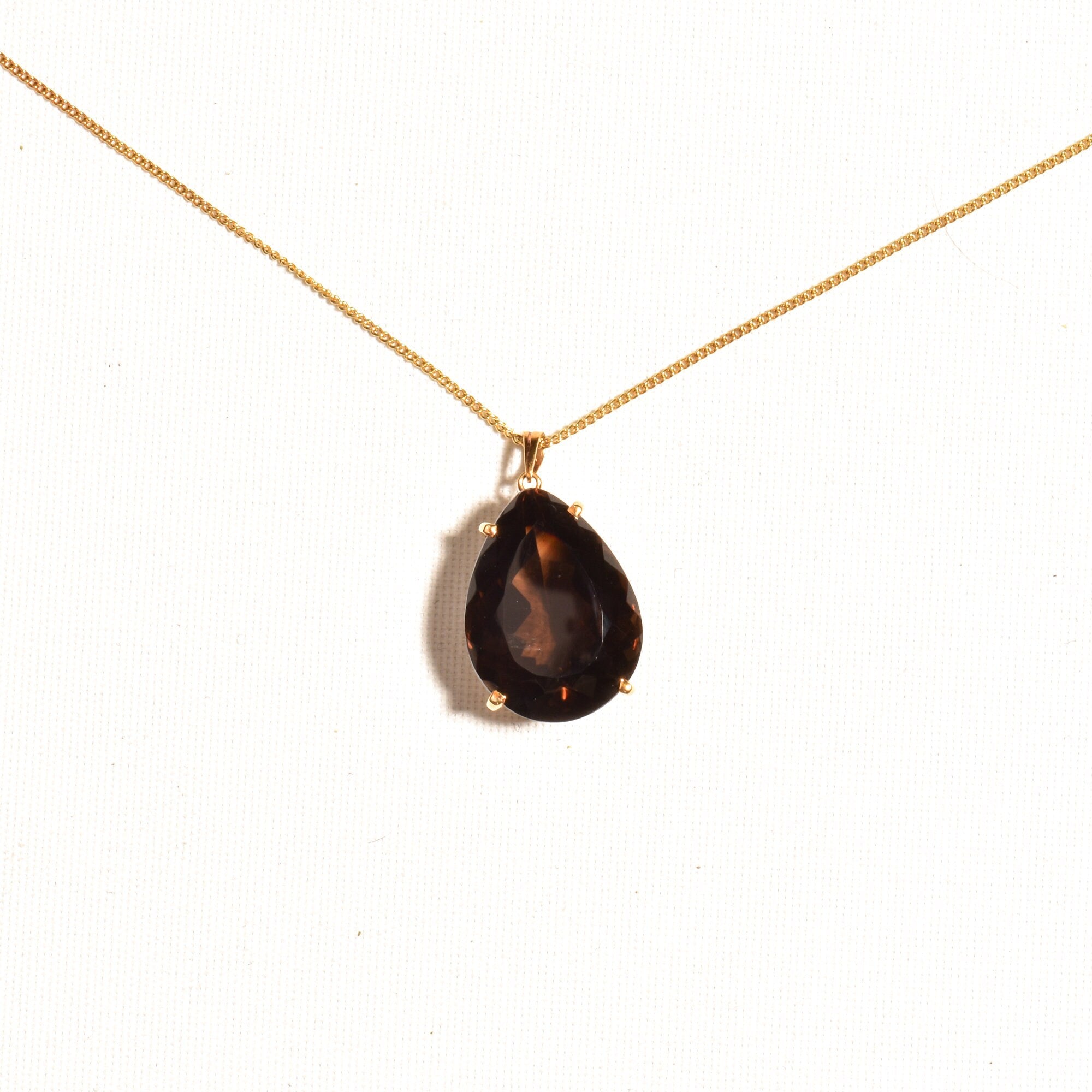 Estate 18K Smoky Quartz Teardrop Necklace In Yellow Gold, Pear-Cut Solitaire Pendant, 1mm Gold Chain, 16" L